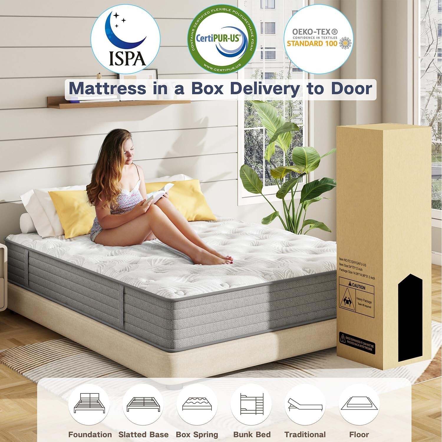 12" 14" Gel Memory Foam Twin Full Queen King Spring Hybrid Mattress in a Box