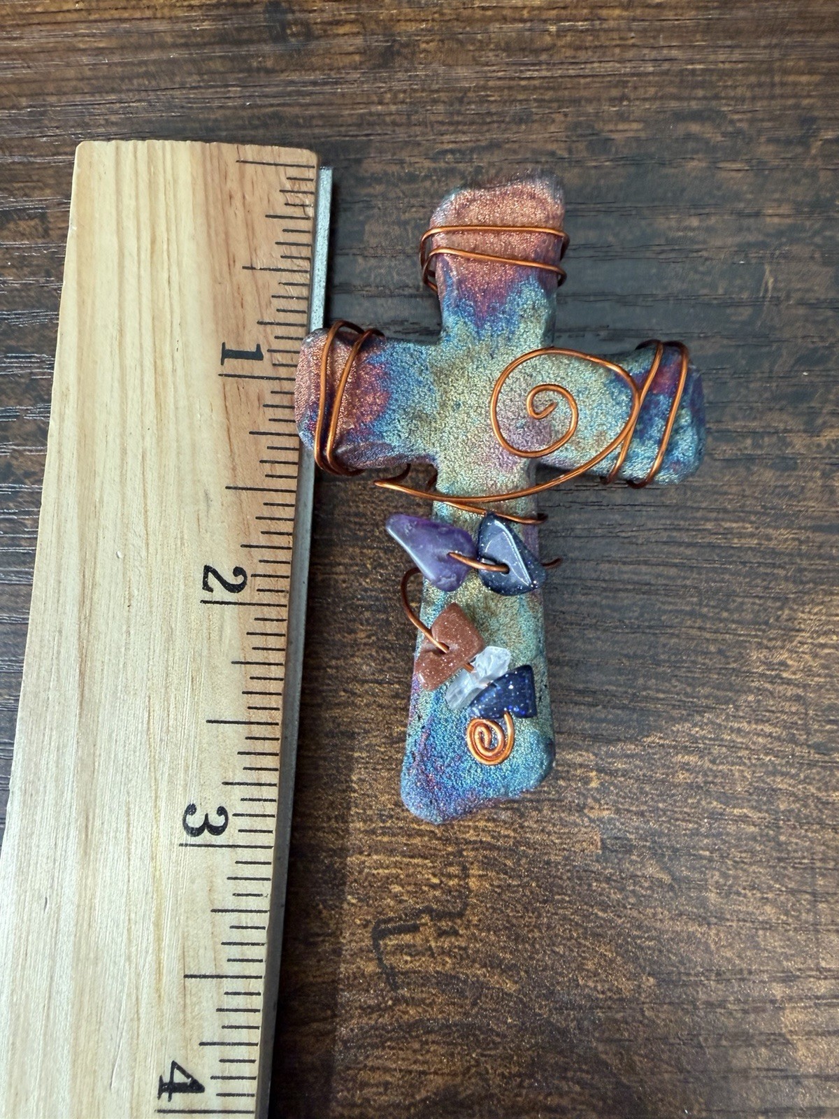 Jeremy Diller Raku Pottery Cross Magnet Art Iridescent w Copper Wire & Stones