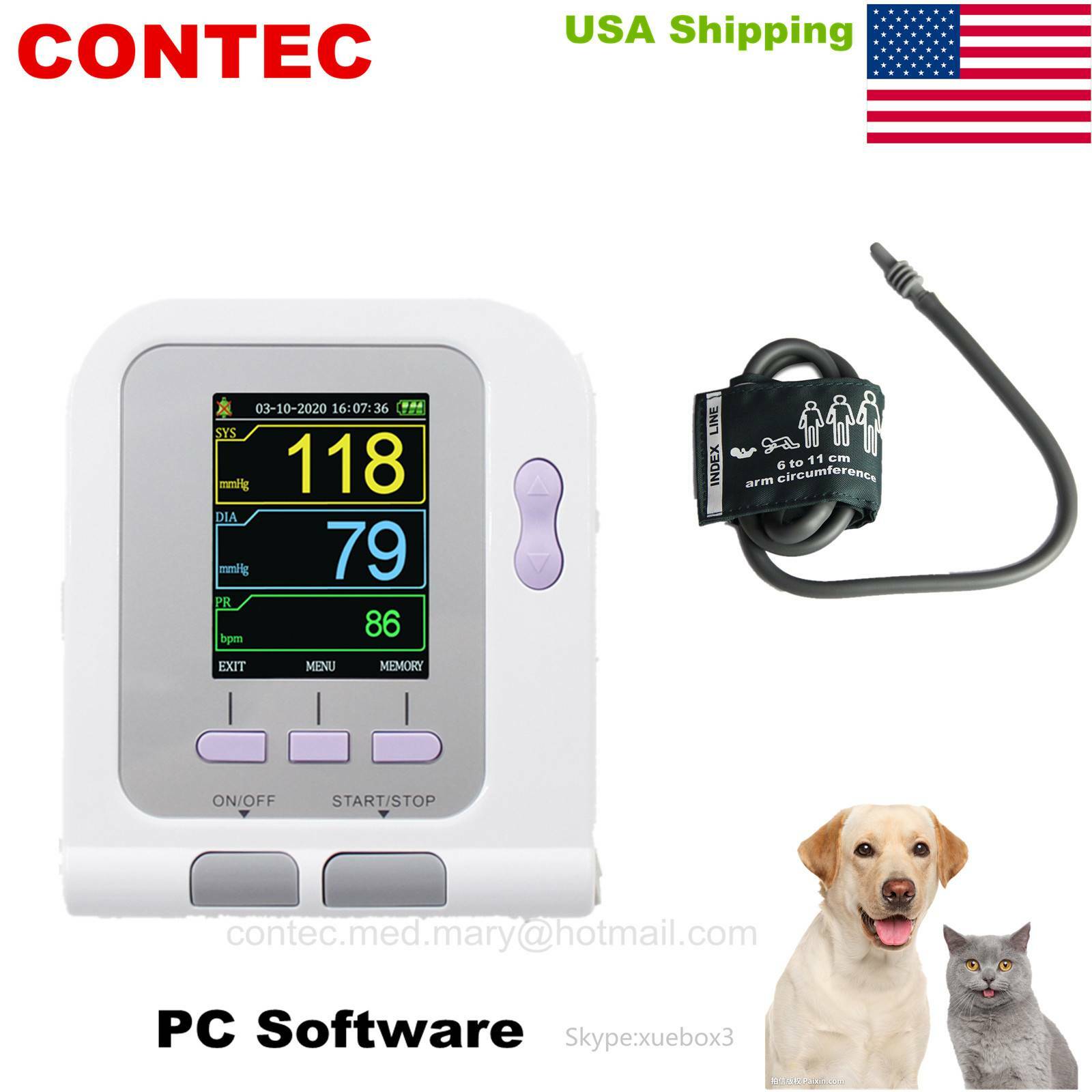 Full Digital Veterinary Blood Pressure Monitor, NIBP Vet Cuff, CONTEC08A-VET USA
