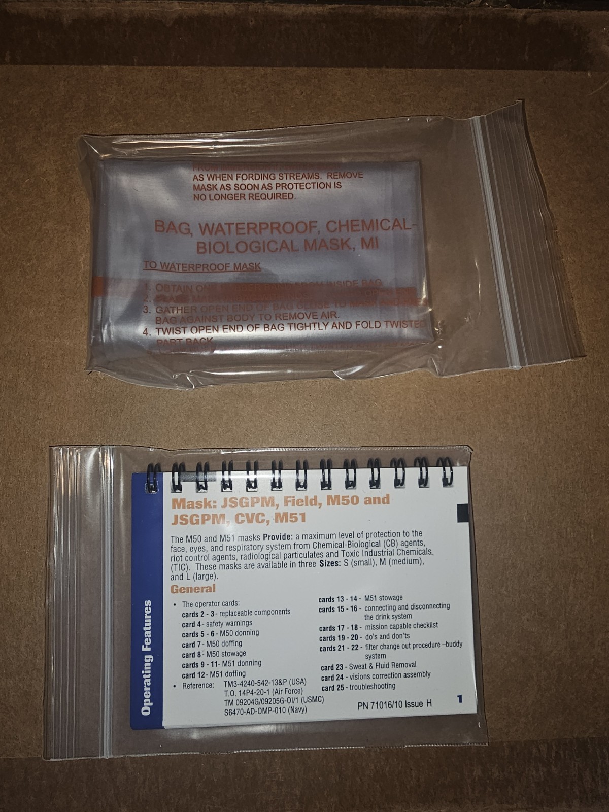 New! (2 SETS) M50/M51 OPERATOR CARDS AND WATERPROOF CHEMICAL MASK BAGS