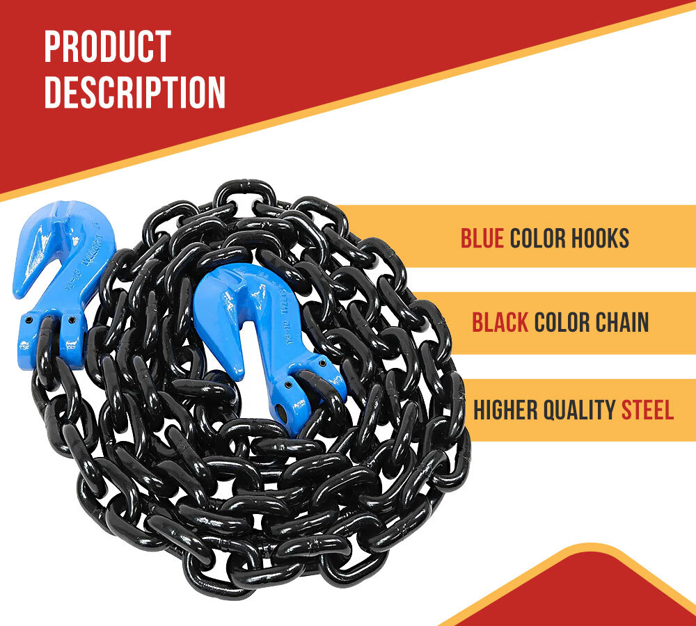 3/8" x 20' G100 High Grade Transportation Chain w/ Grab Hooks, 8800 lbs WLL