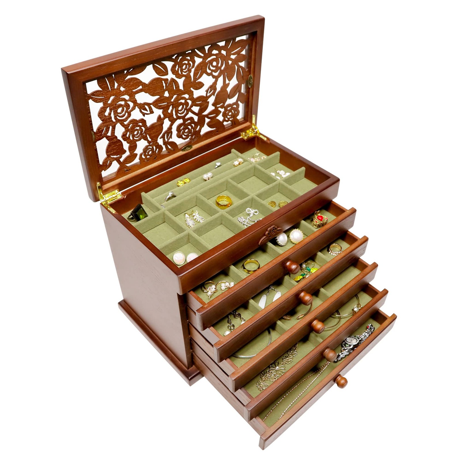 Kendal 6 Layer Wooden Jewelry Box Jewelry Holder Organizer w/ Rose Leaf Pattern
