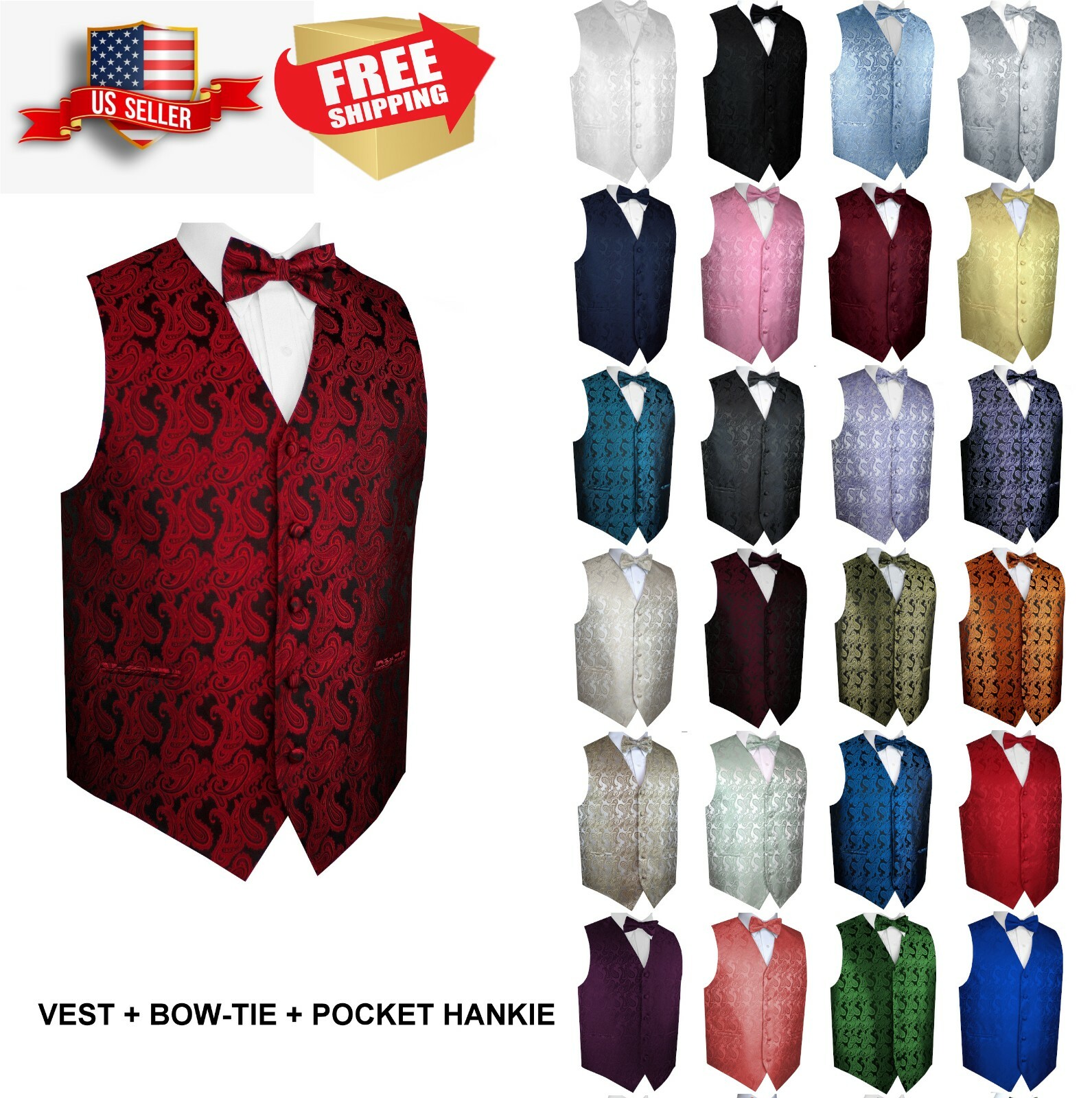 Men's Paisley Formal Tuxedo Vest, Bow-Tie, Hankie Wedding Prom Cruise Homecoming
