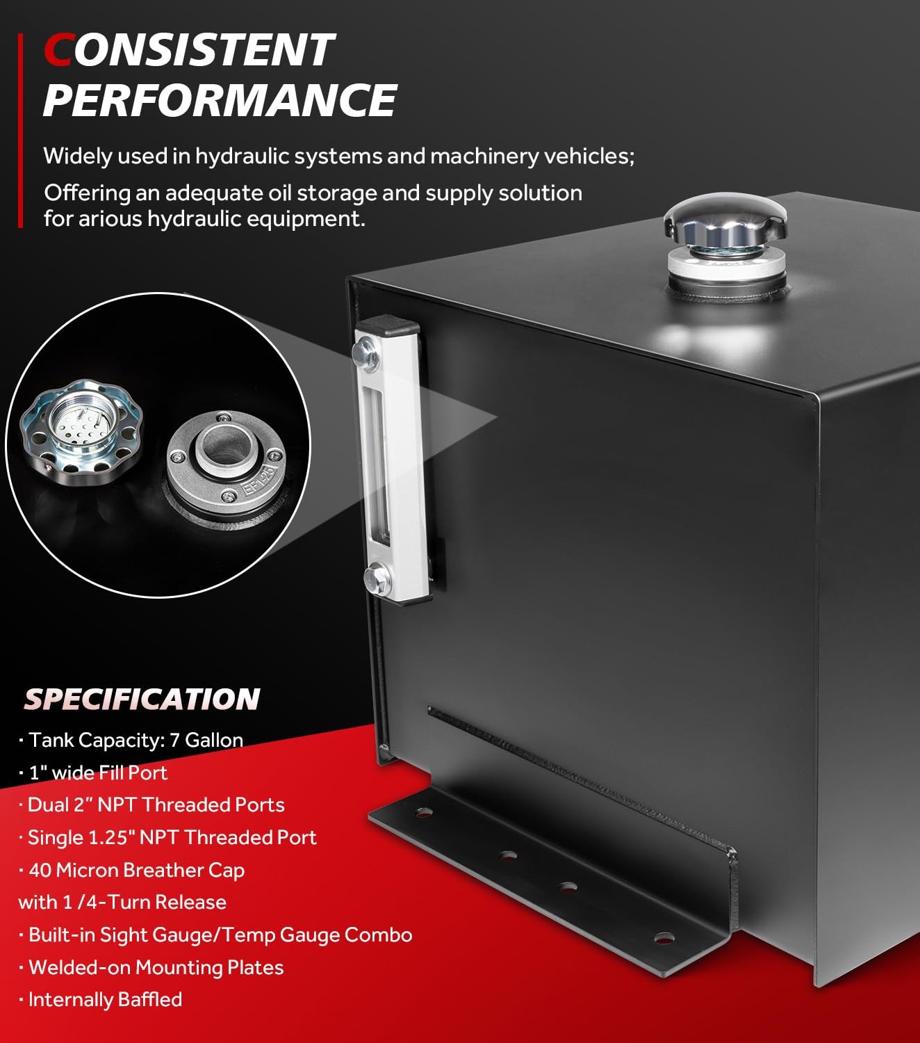 7 Gallon Hydraulic Fluid Reservoir Tank with Temp Gauge, Sight-Gauge & Breather