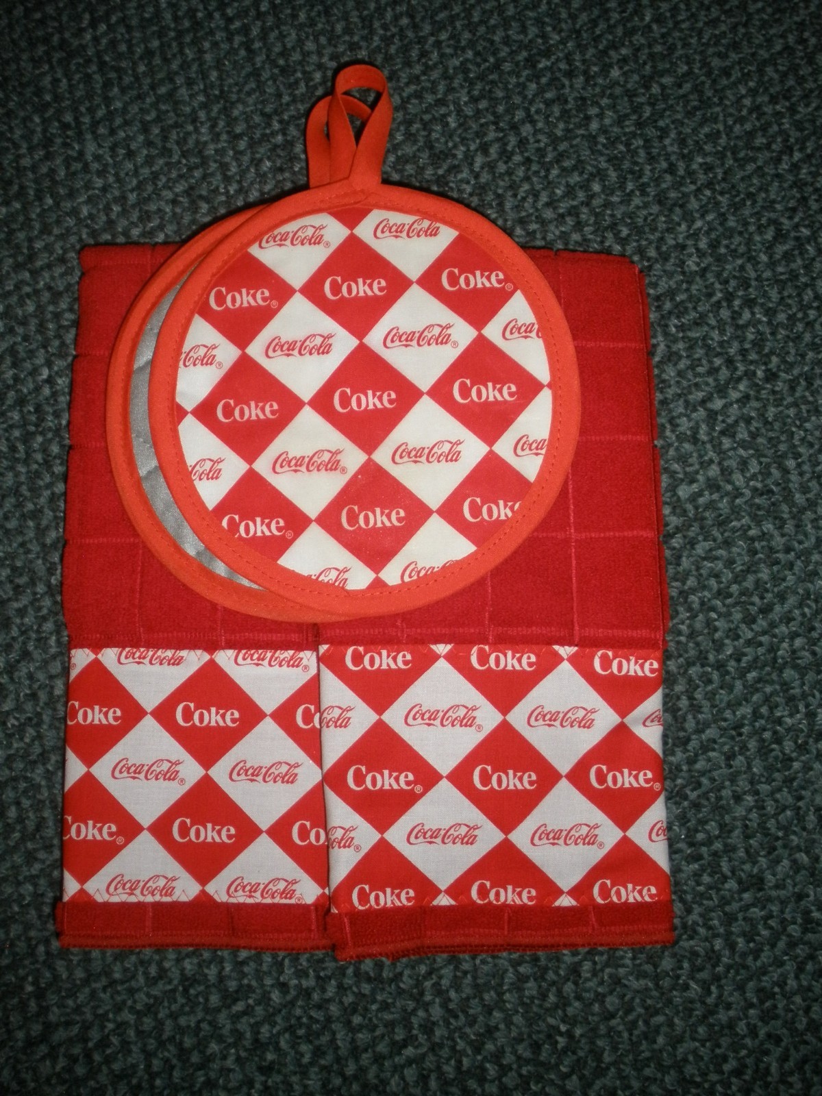 Coca Cola Coke diamonds kitchen towels and potholders