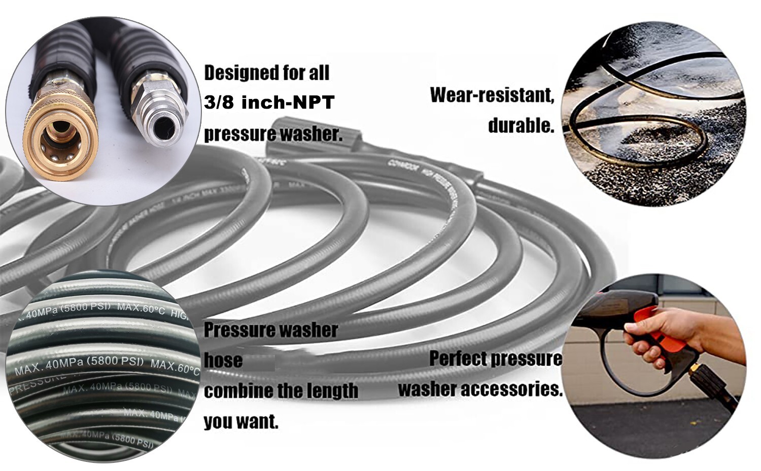 50FT 5800PSI Replacement High Pressure Power Washer Hose -3/8" Quick Connect