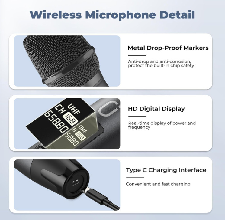 Micrófonos Inalámbricos UHF Duales para Karaoke con Receptor Recargable, Nuevo
