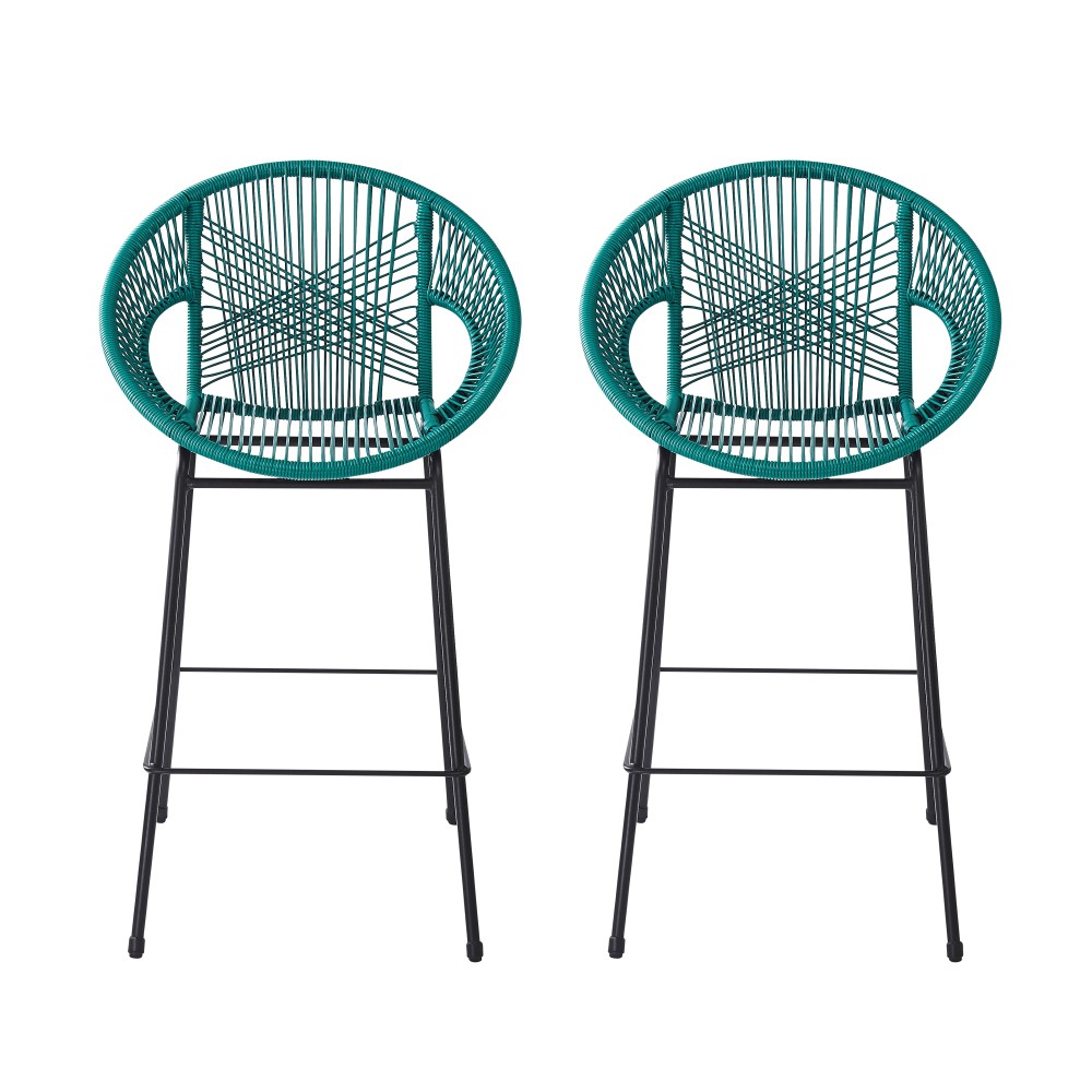 2 Teal & Black Patio Bar Stool Set, Faux Rattan Wicker, UV Resistant