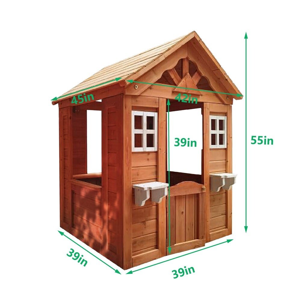 Wooden Playhouse for Kids Backyard Outdoor Cottage with Flowerpot Holder Window
