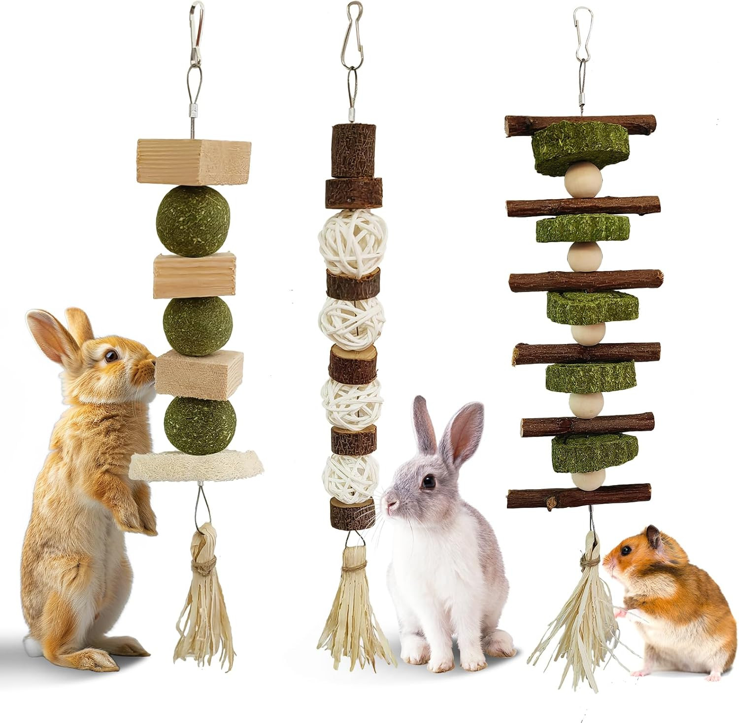 3 PCS Bunny Chew Toys, Natural Hanging Rabbit Chew Toy Treats for Guinea Pigs Ha
