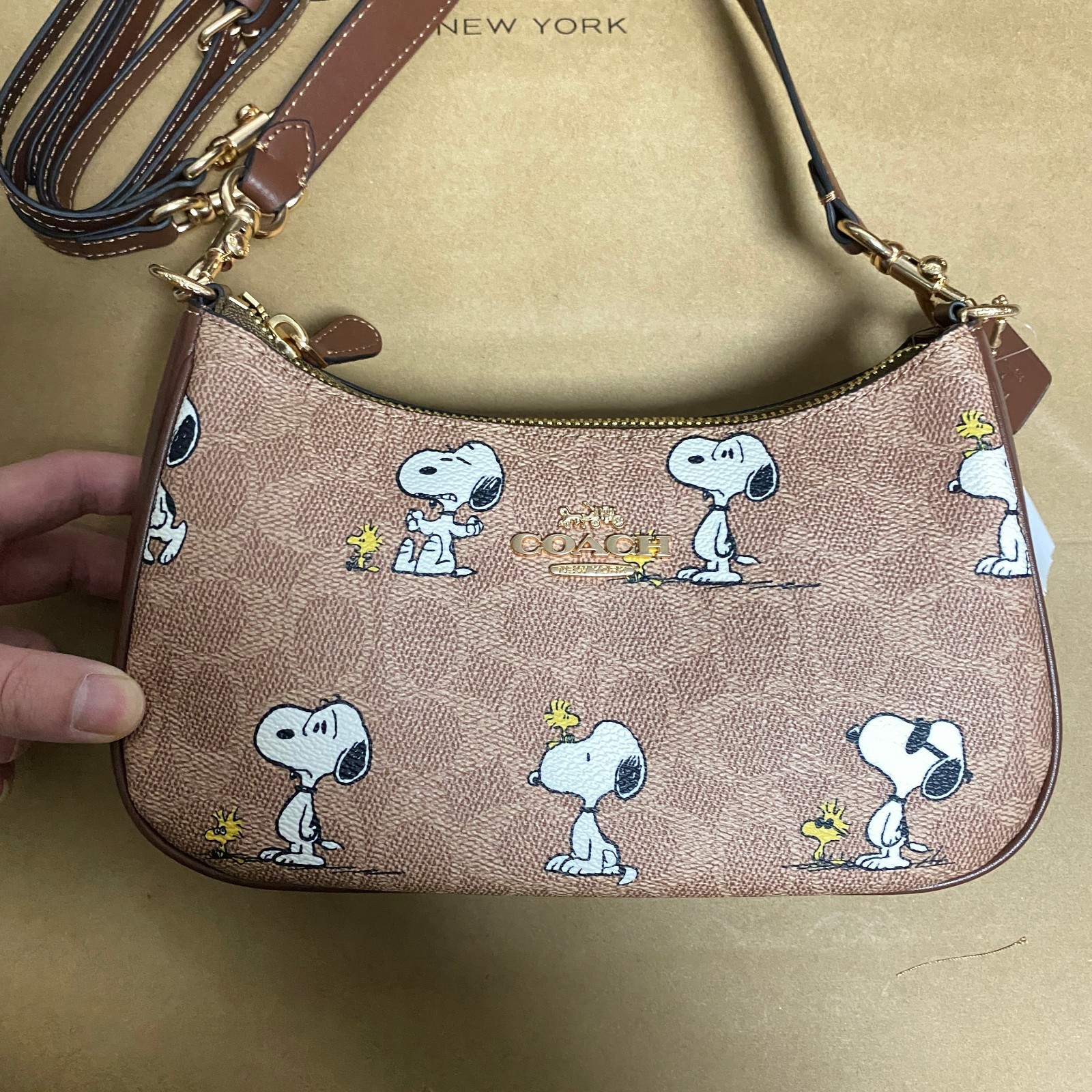 COACH x PEANUTS Teri Shoulder Bag Tan Brown Snoopy Print Signature Canvas CBJ88