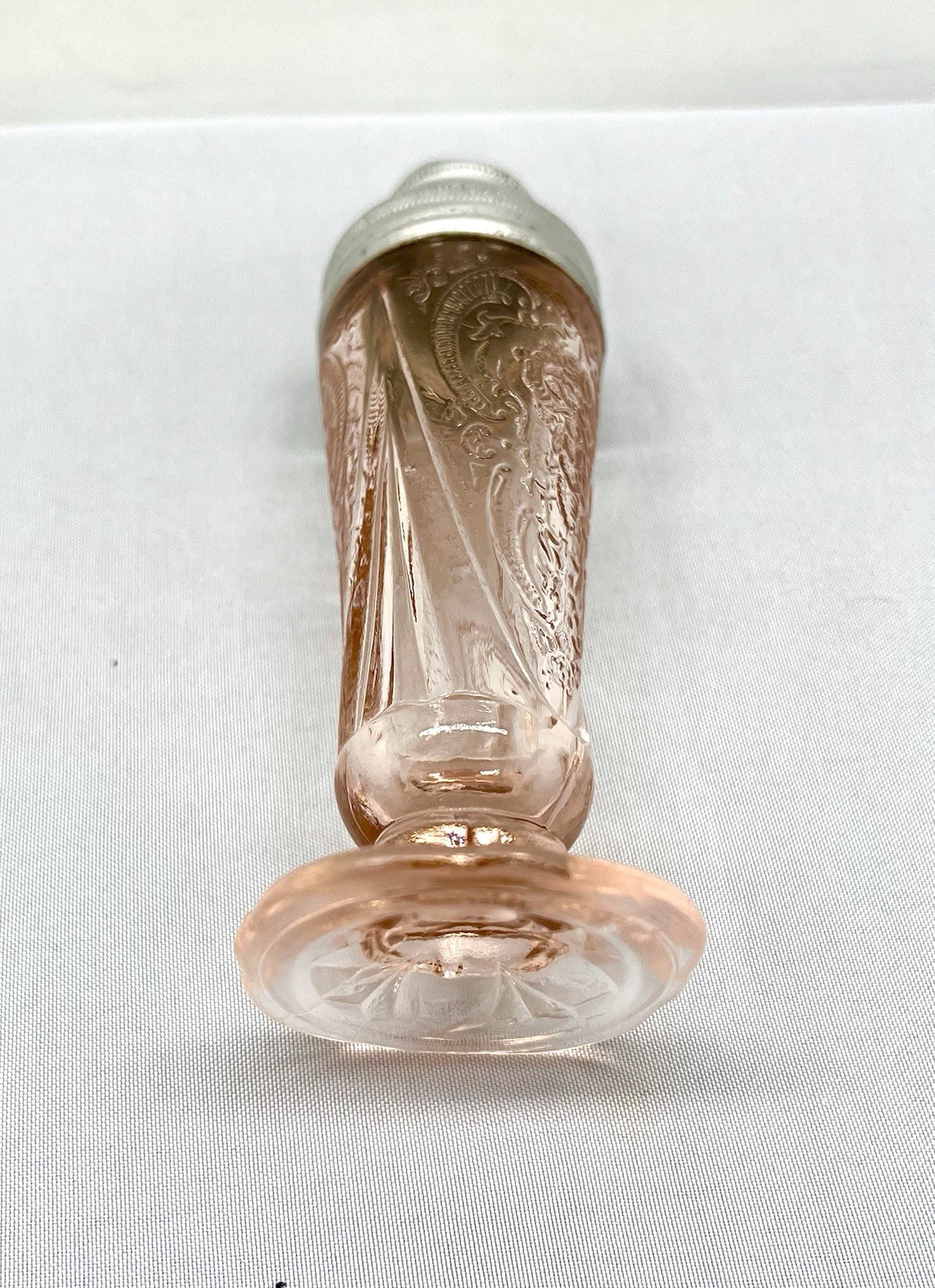 Vintage Pink Depression Glass Footed Salt Pepper Shaker Floral Panel Metal Lid