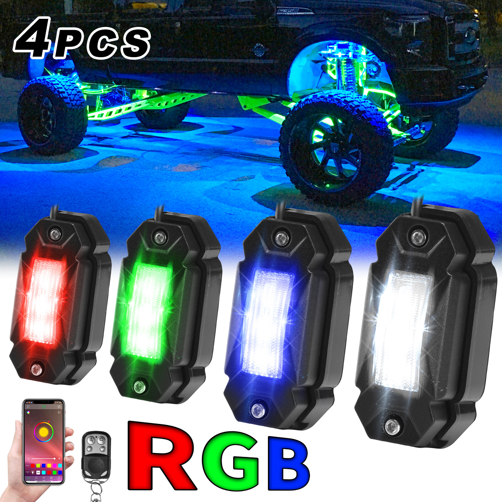 4 Pod RGB LED Rock Lights Underglow with Bluetooth APP Control For UTV ATV RZR