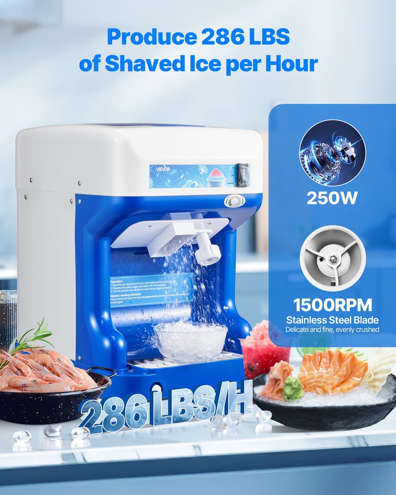 VEVOR Commercial Ice Shaver 286LBS/H Electric Snow Cone Maker Ice Crusher Blue