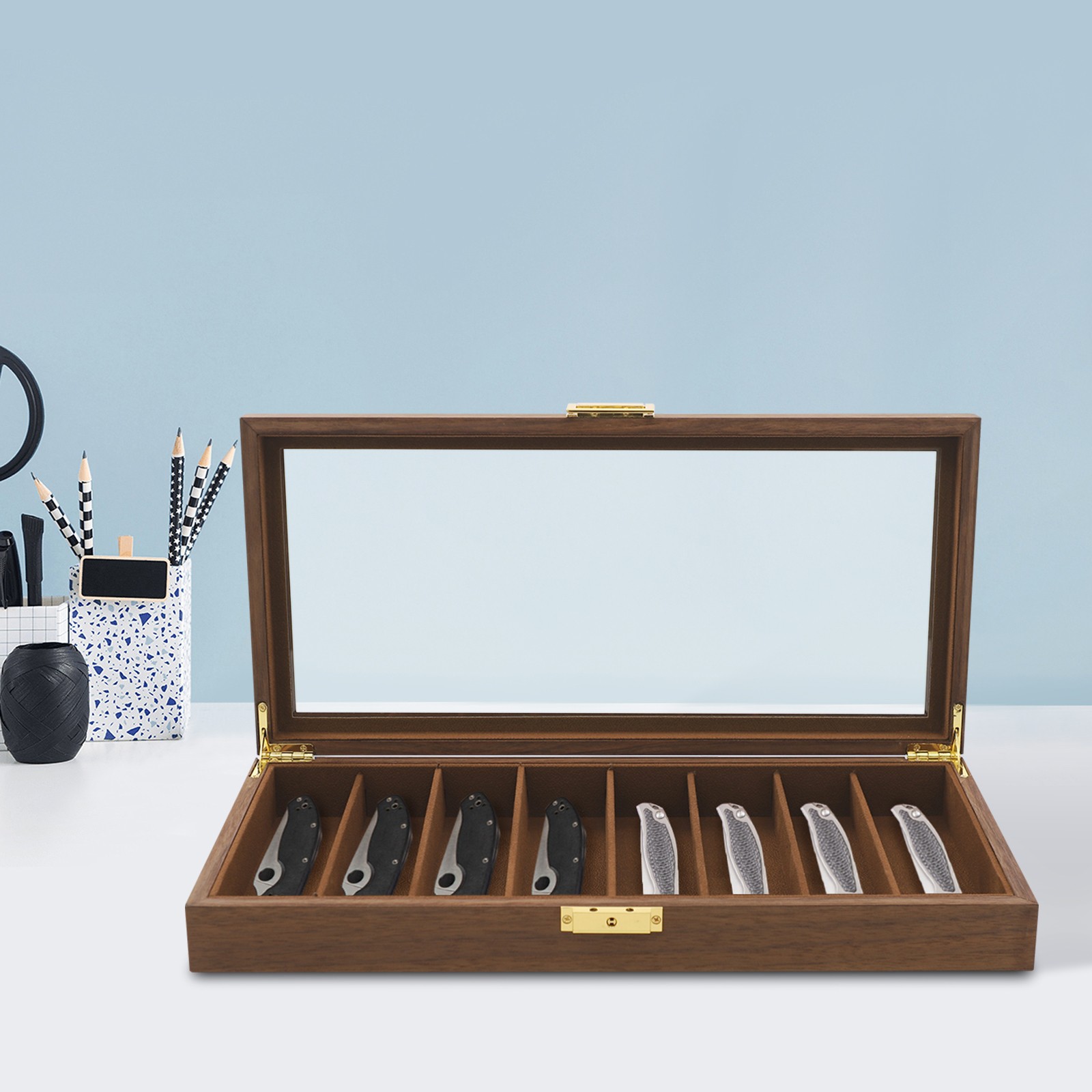 8 Compartment Knife Display Case 40*19*5 cm Glass Top Knife Storage Box