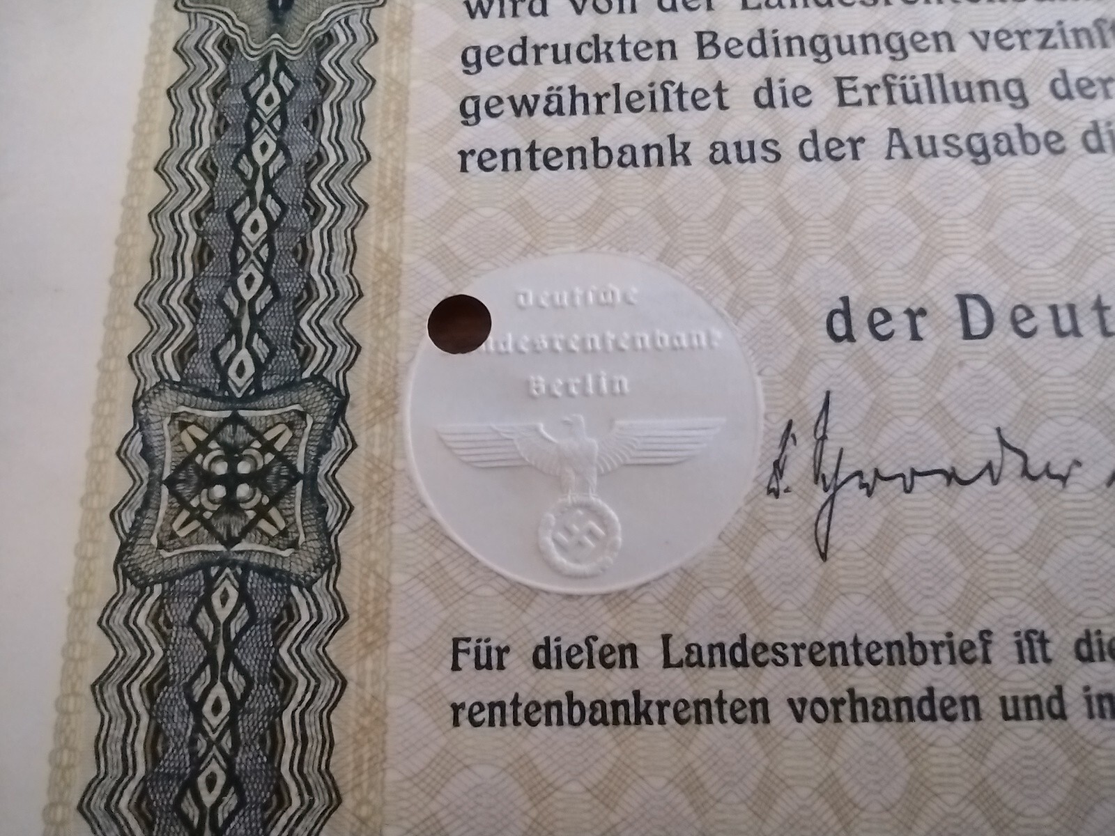 1939 Nazi German 1000 Reichsmark Pension Fund Treasury Bond with Swastika