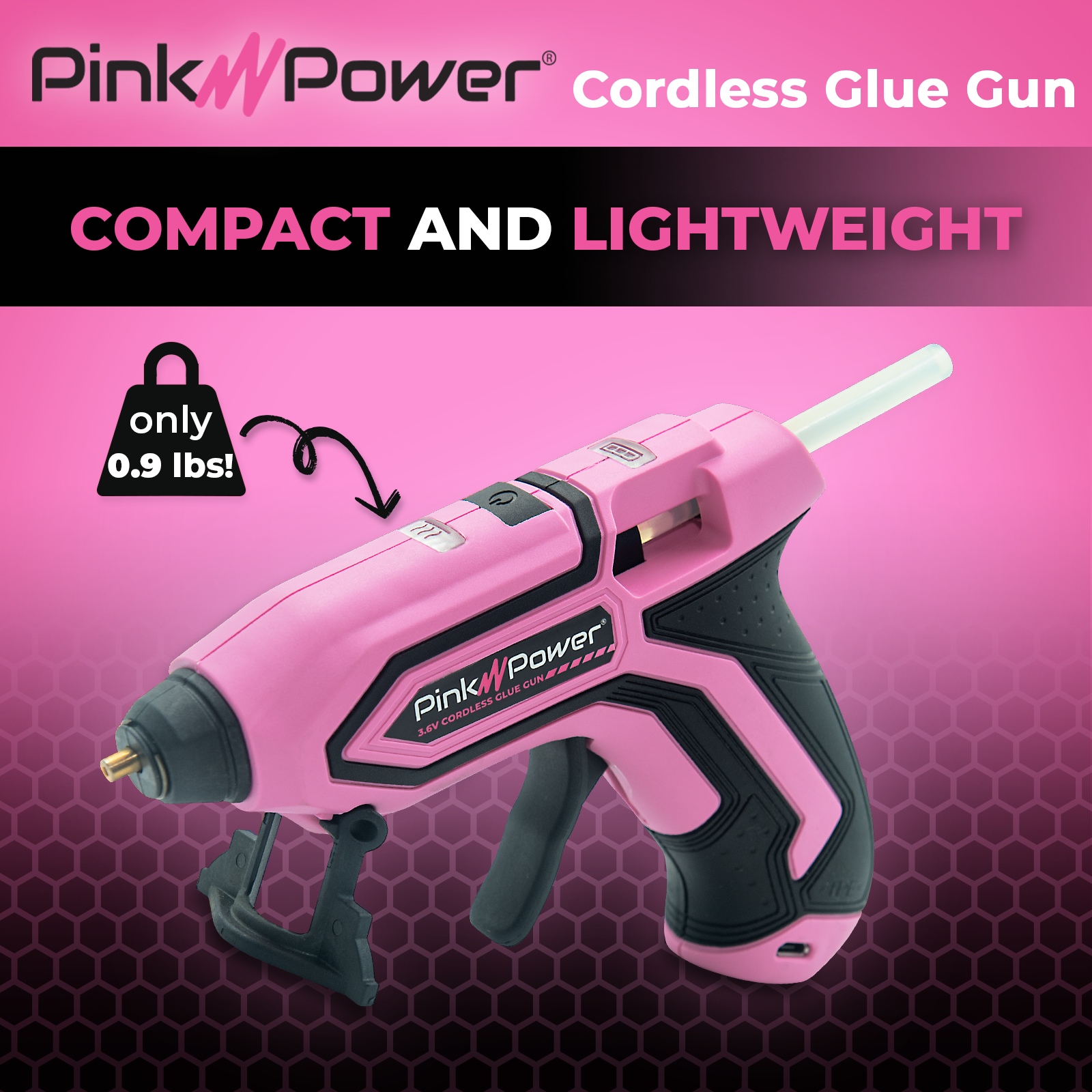 Pink Power Rechargeable Cordless Mini Hot Glue Gun Kit with 20 Glue Sticks