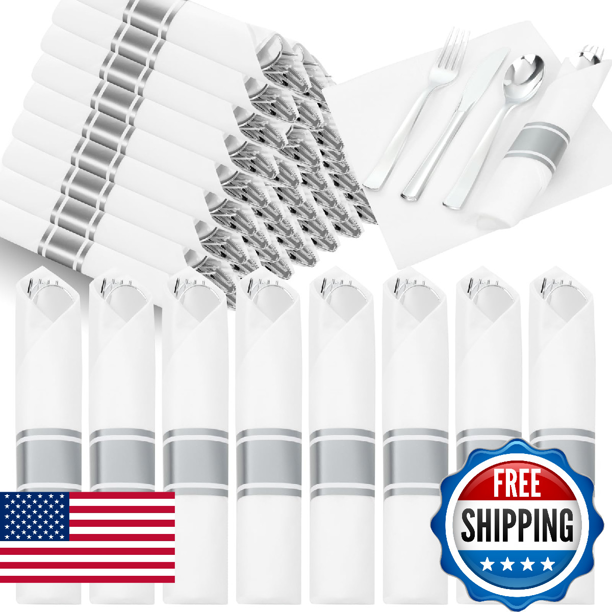 EI 120Pack Sliver Wrapped Plastic Silverware Set Disposable,480pcs Sliver Plasti