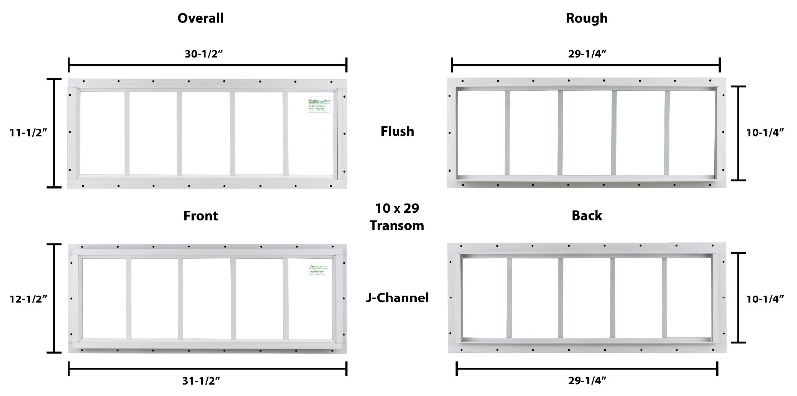 Shed Transom Window 10 x 29 White J-Channel Tempered Glass, Singel Pane