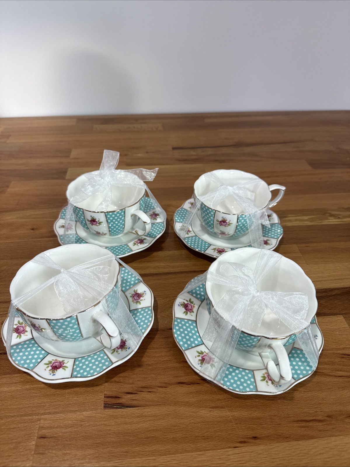 Elegance Porcelain Teal & White Teacup and Saucer With Gold & Flowers Set Of 4
