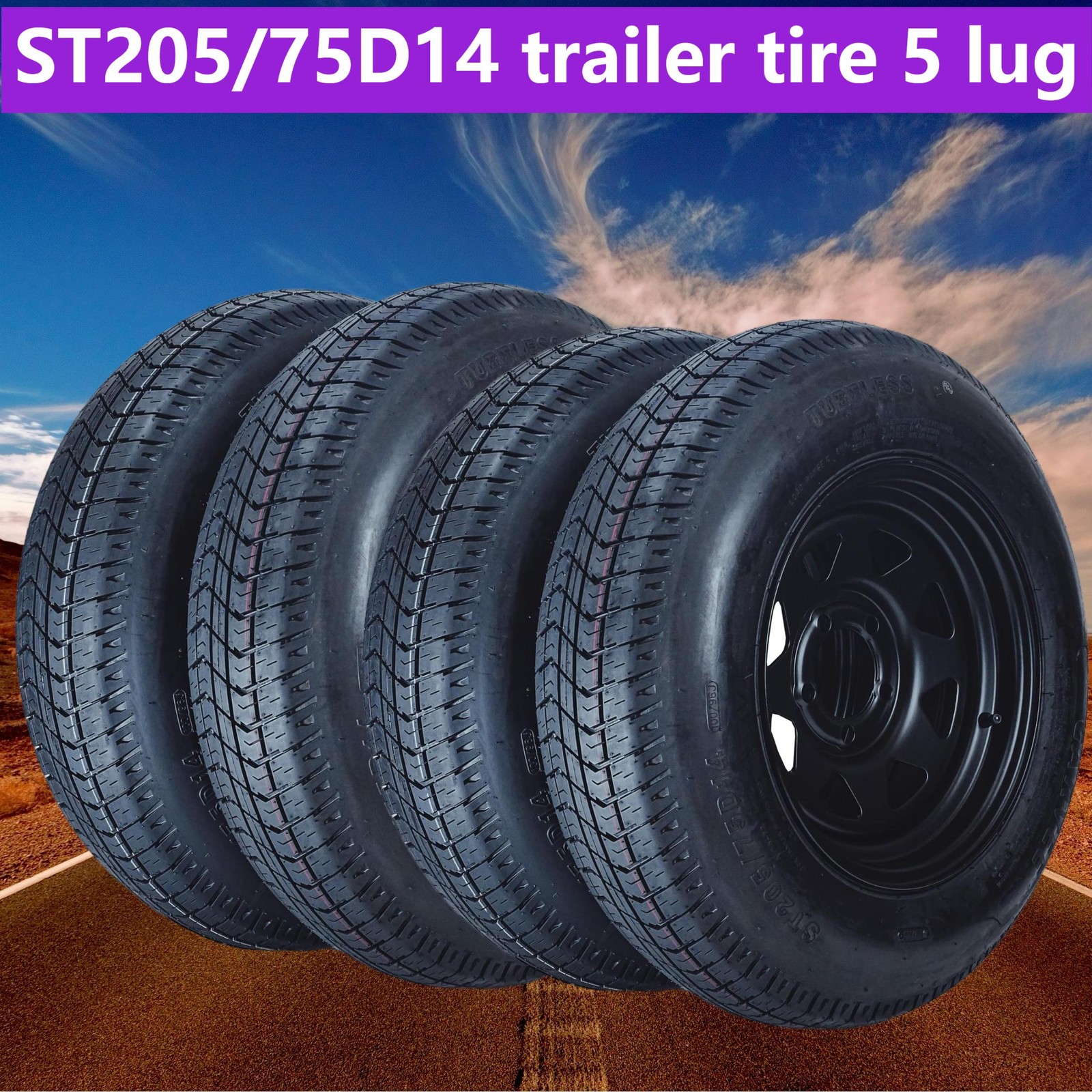 Set of 4 Trailer Tire On Rim ST205/75D14 Trailer Tires and Wheels 5 Lug on 4.5"