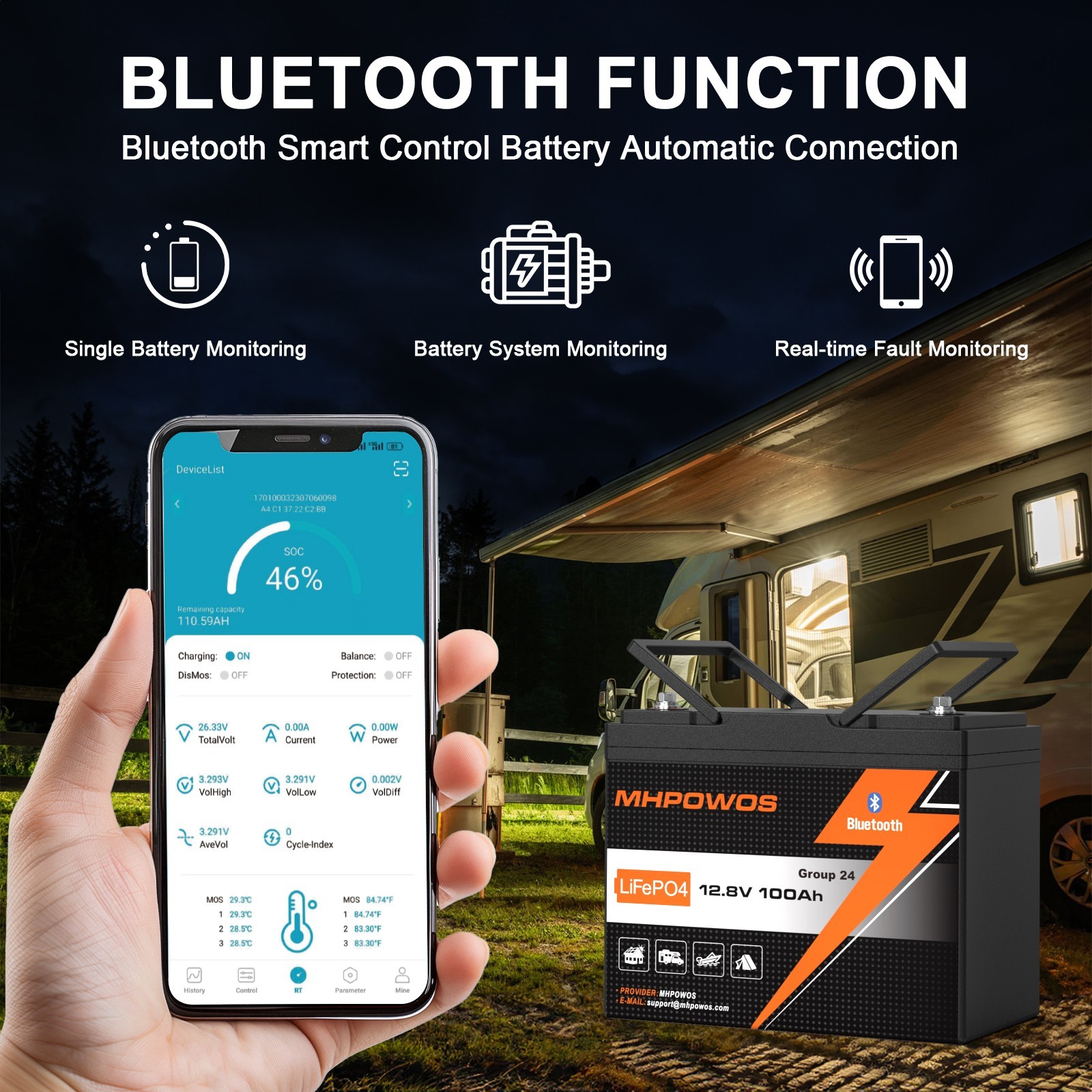 MHPOWOS 12V 100Ah LiFePO4 Lithium Battery Bluetooth 100A BMS Low Temp Protection
