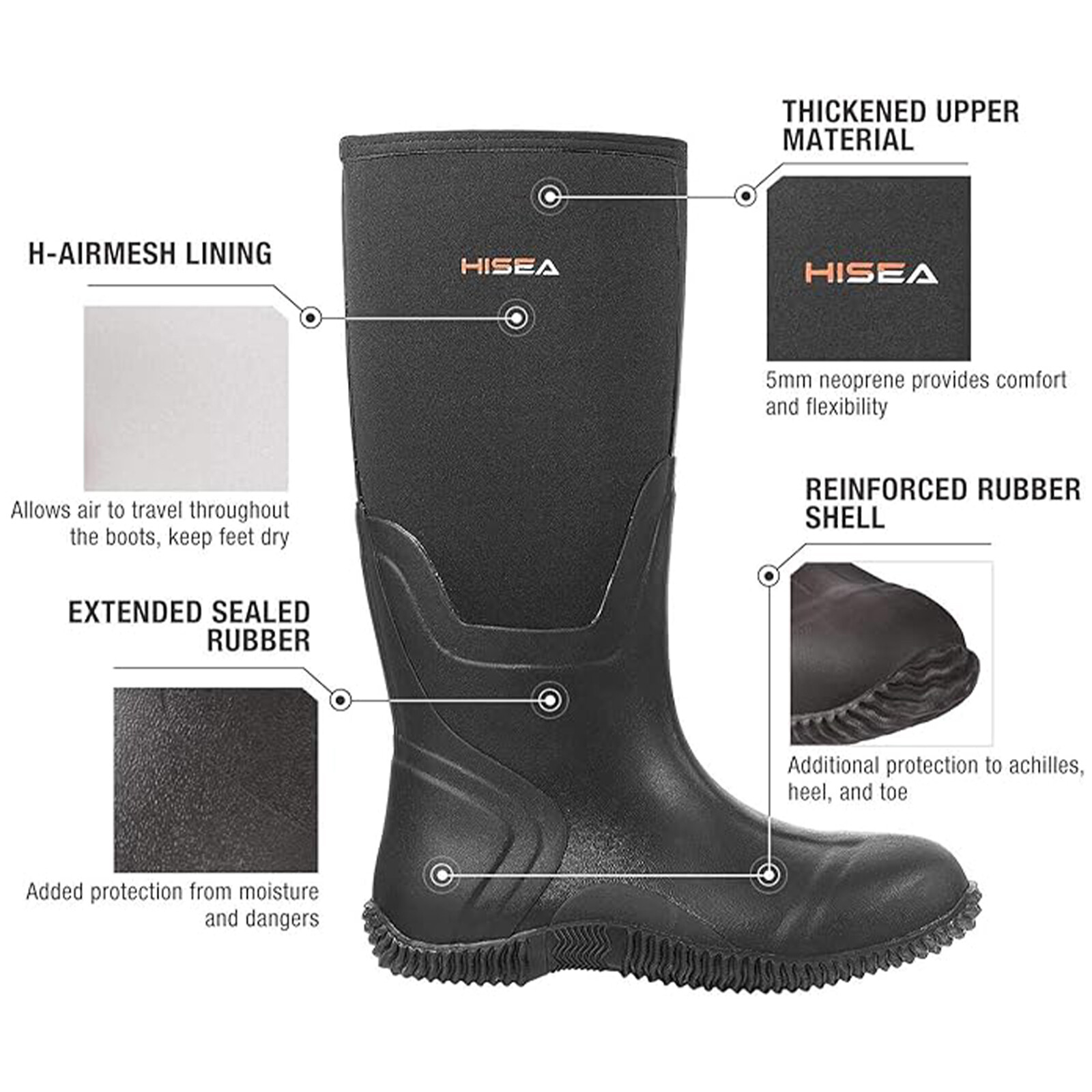 HISEA Men's Rain Boots Neoprene Rubber Waterproof Fishing Hunting Working Boots