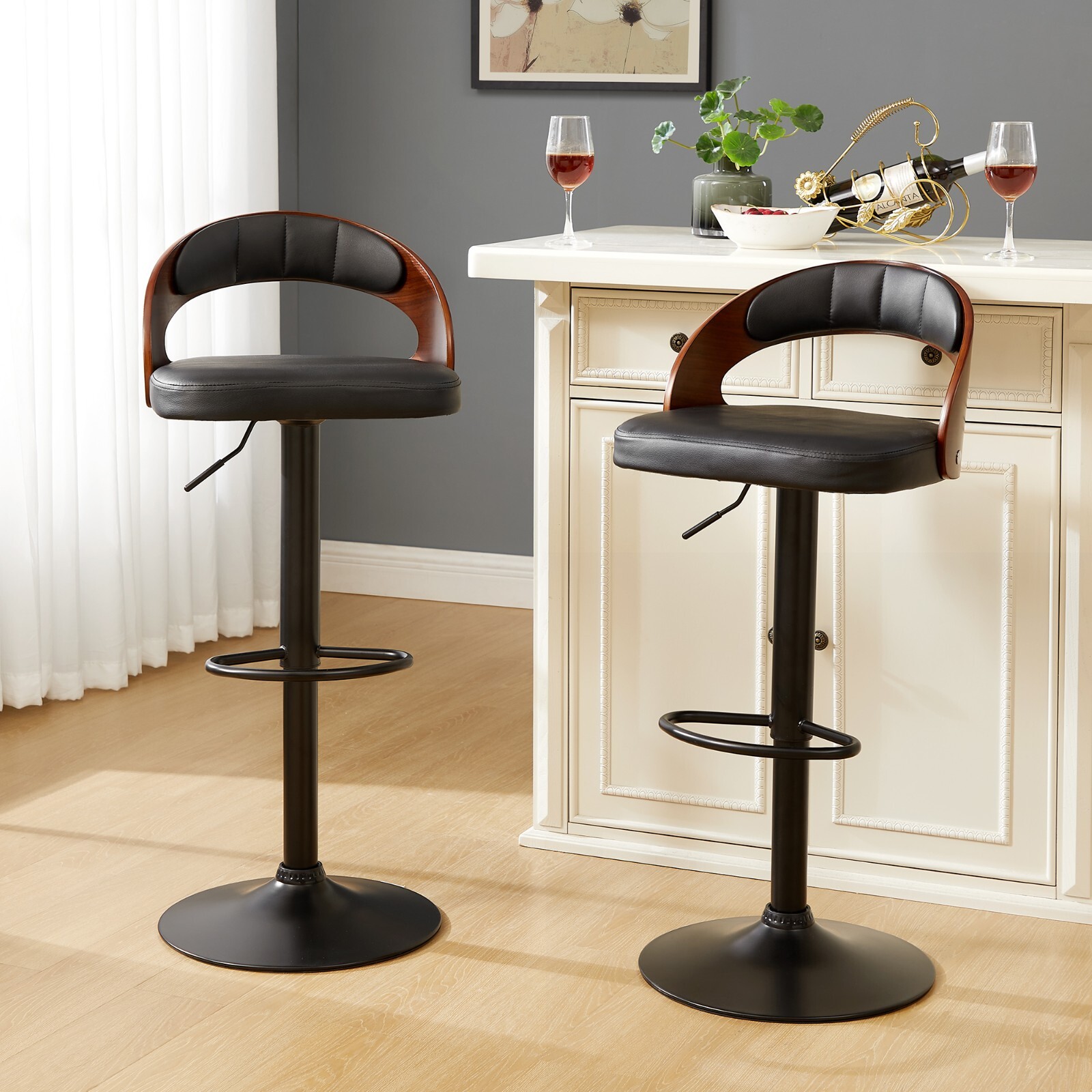 Bar Stools Set of 2 PU Leather Cushion Seat Adjustable Height Swivel Bar Chairs