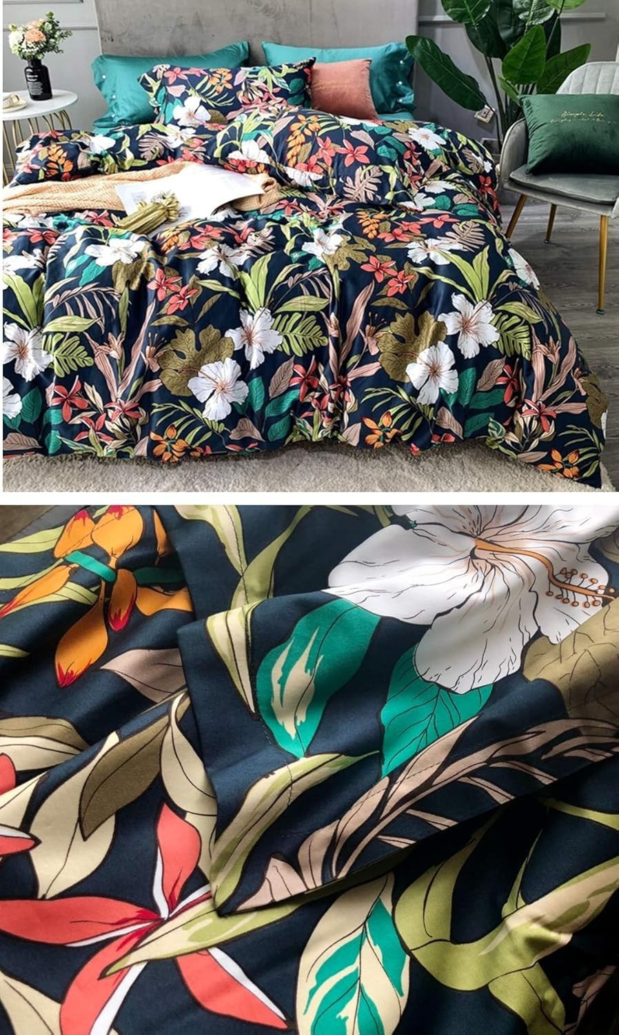 Eikei Midnight Teal Botanical Duvet Cover Egyptian Cotton Bedding Super King Set