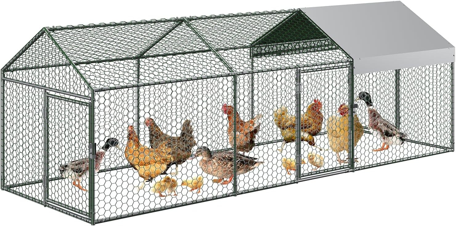 Metal Chicken Coop with Waterproof Cover & 3 Doors, Poultry Cage Outdoor, Silver