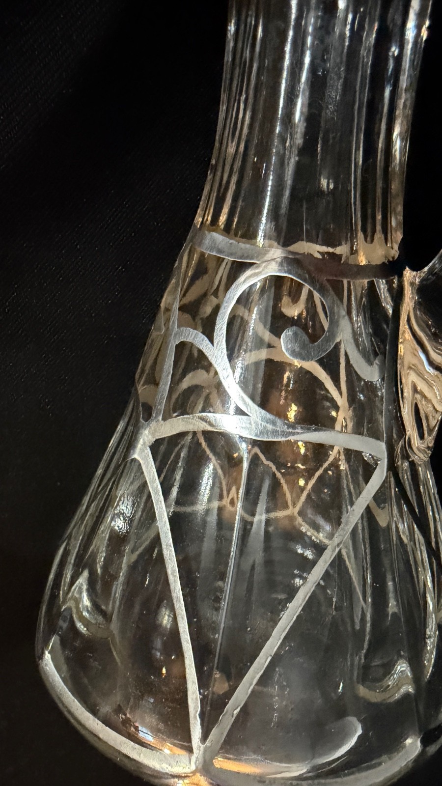 Antique Art Nouveau Sterling Overlay Glass Cruet Bottle w Stopper 6.5"