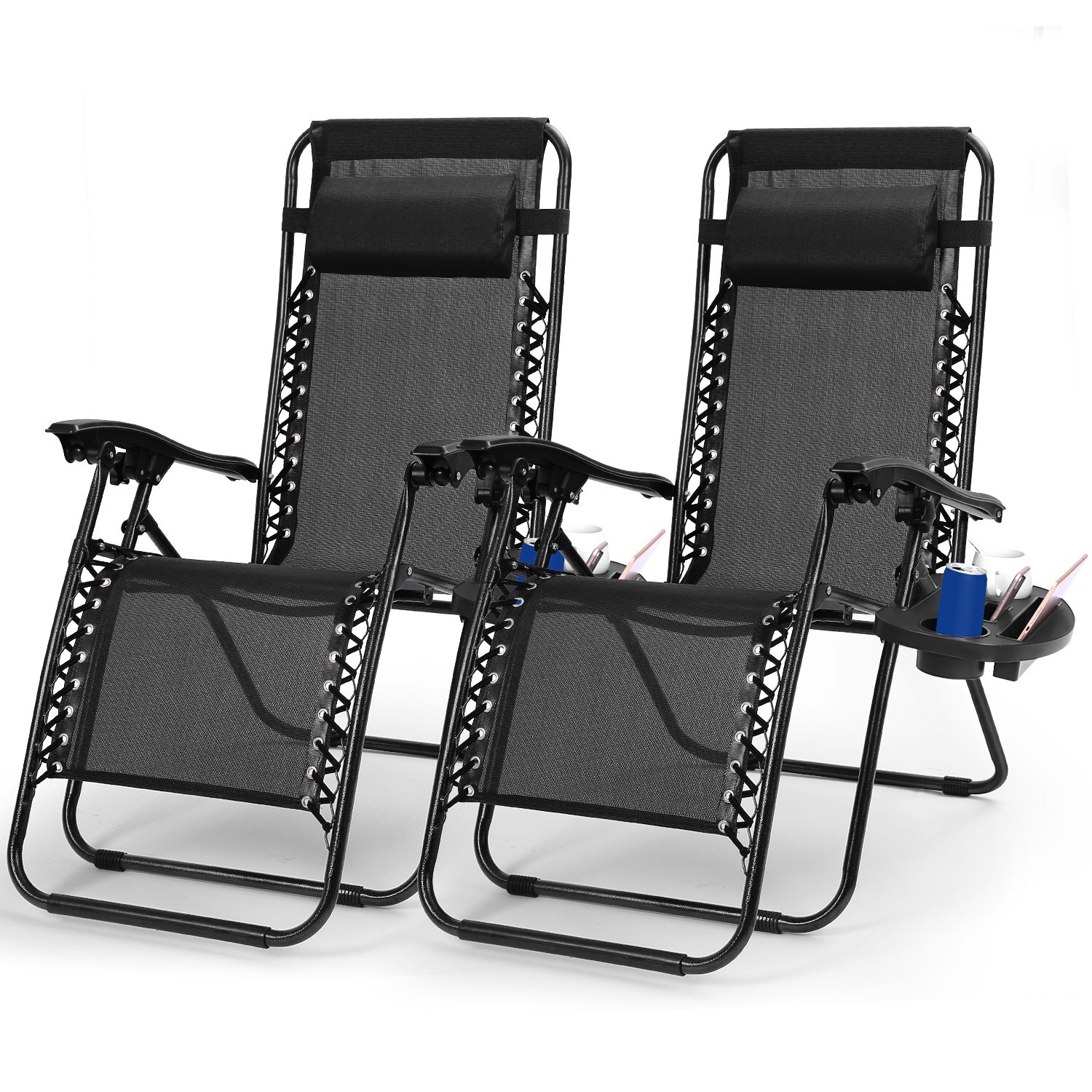 2 Sets Gravity Chairs Folding Patio Lounge Beach Outdoor Recliner with Side Tray