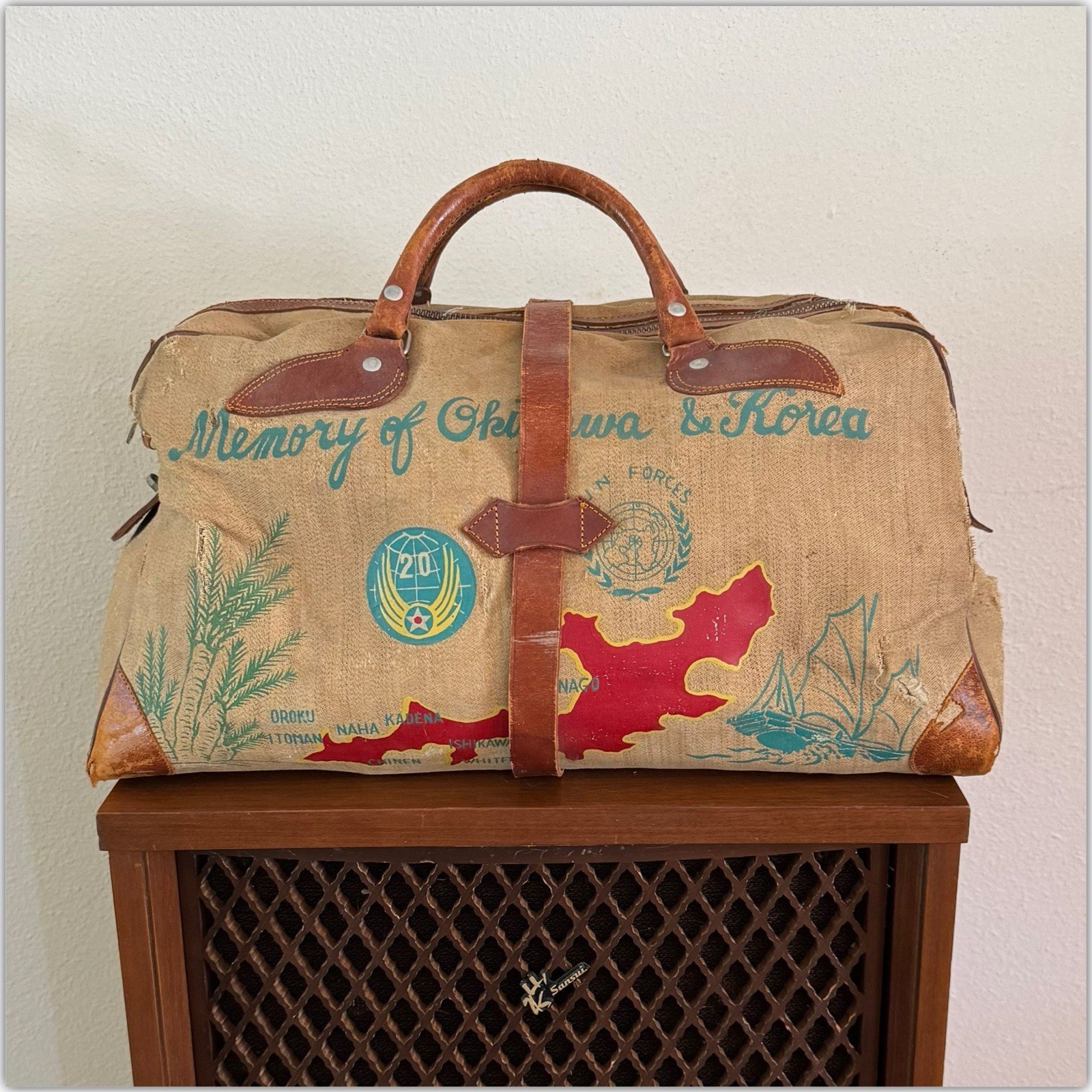 1950s Vtg Korean War Hand Painted Okinawa & Korea UN Forces Souvenir Duffel Bag