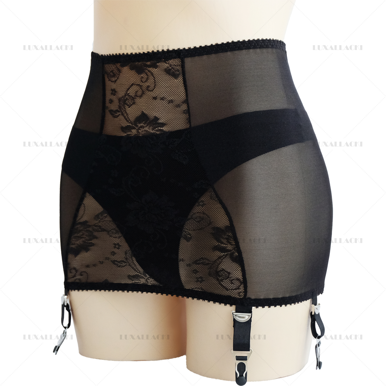 Luxallacki Mesh Floral Lace 6 Straps Garter Belt Shaping Girdle Sexy Lingerie
