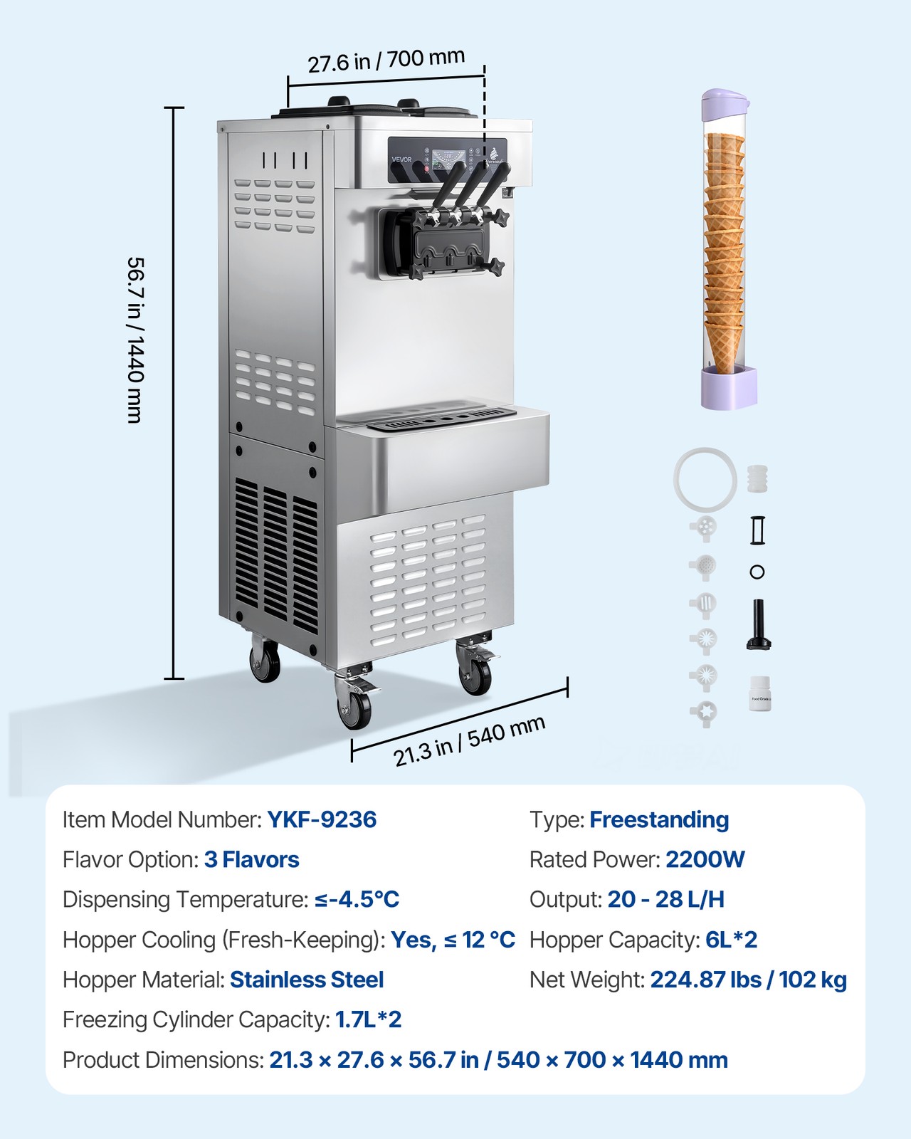 VEVOR Commercial Ice Cream Machine 2200W 3-Flavor Soft Serve Ice Cream Maker