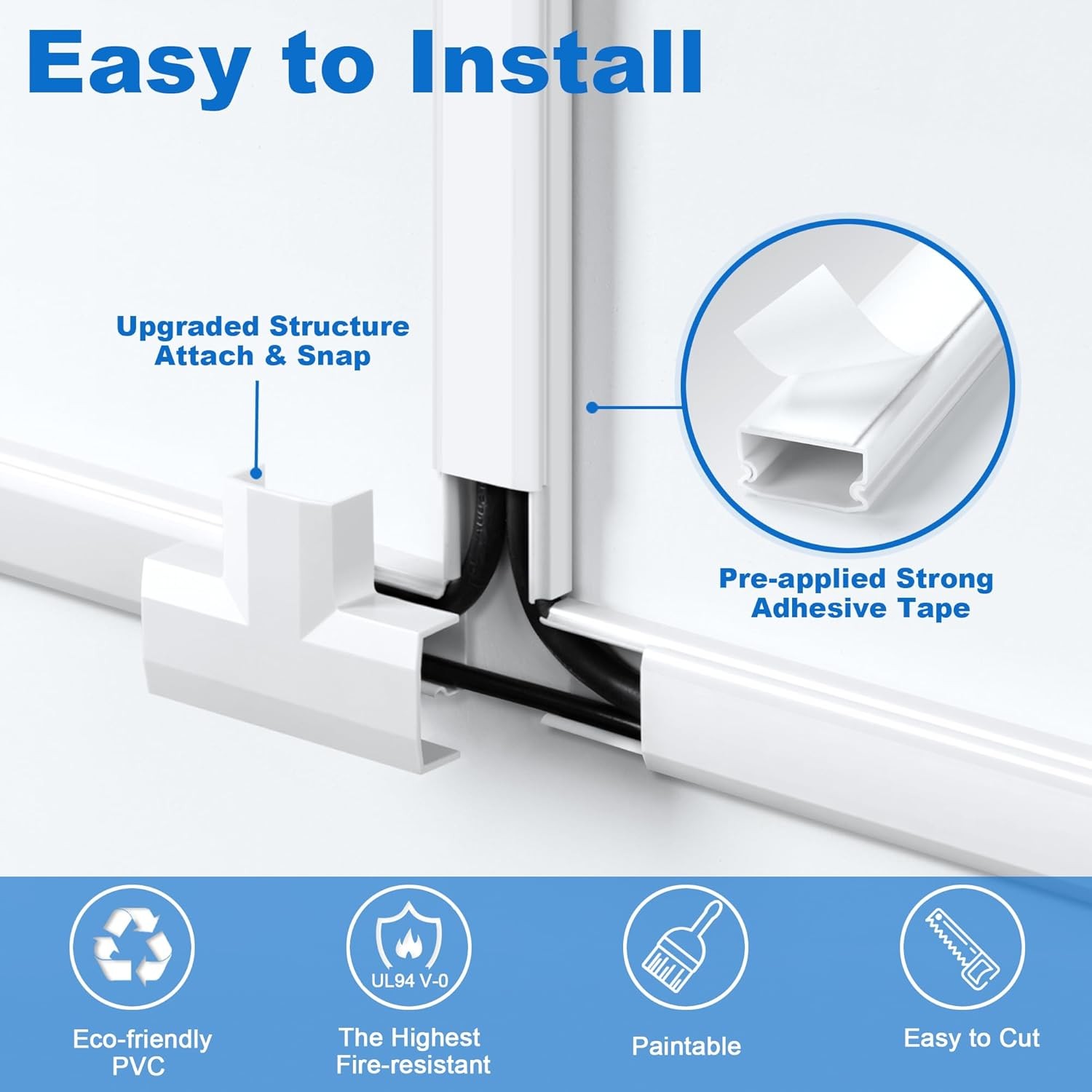 Black Cord Cover Wall Kit 94.5in Cable Raceway Concealer Wire Hider TV Mount