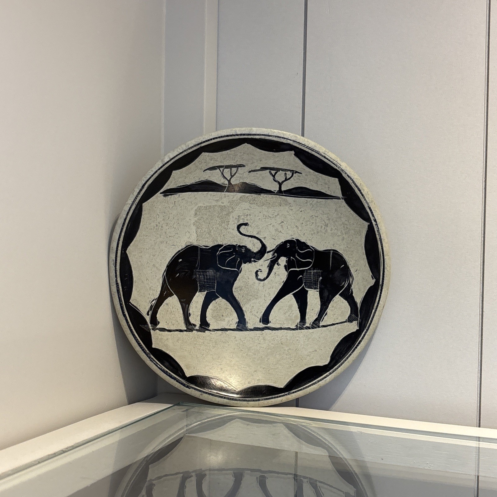 Kenya African Hand Carved Soapstone Dish Hand Painted Black White Elephants