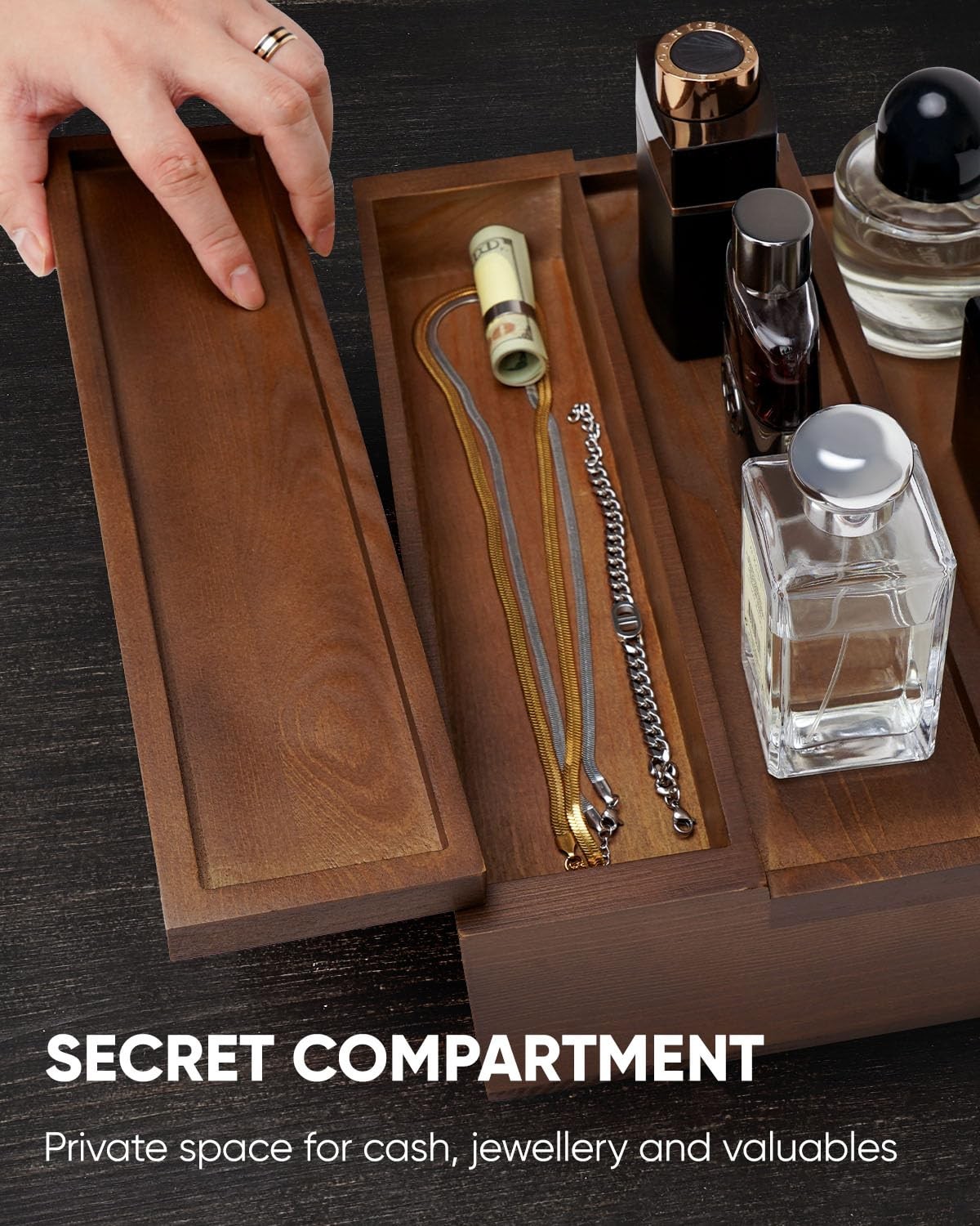 Cologne Organizer 3 Tier Wooden Stand W/ Drawer Storage Hidden Compartment Brown