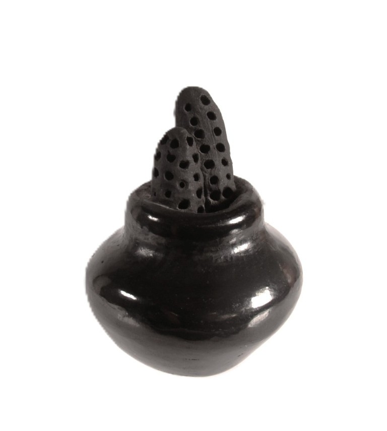 Santa Clara Pueblo Small Pot with Corn Black Pottery By Dorothy and Paul