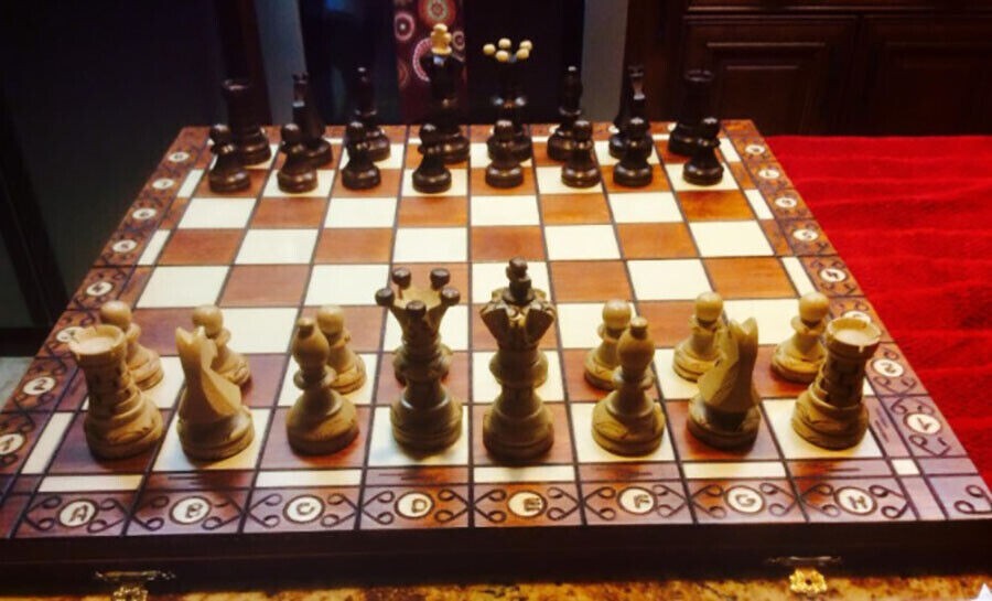 Large Handmade Wooden Chess Set 21" Hand Carved Board Pieces Full Vintage Game