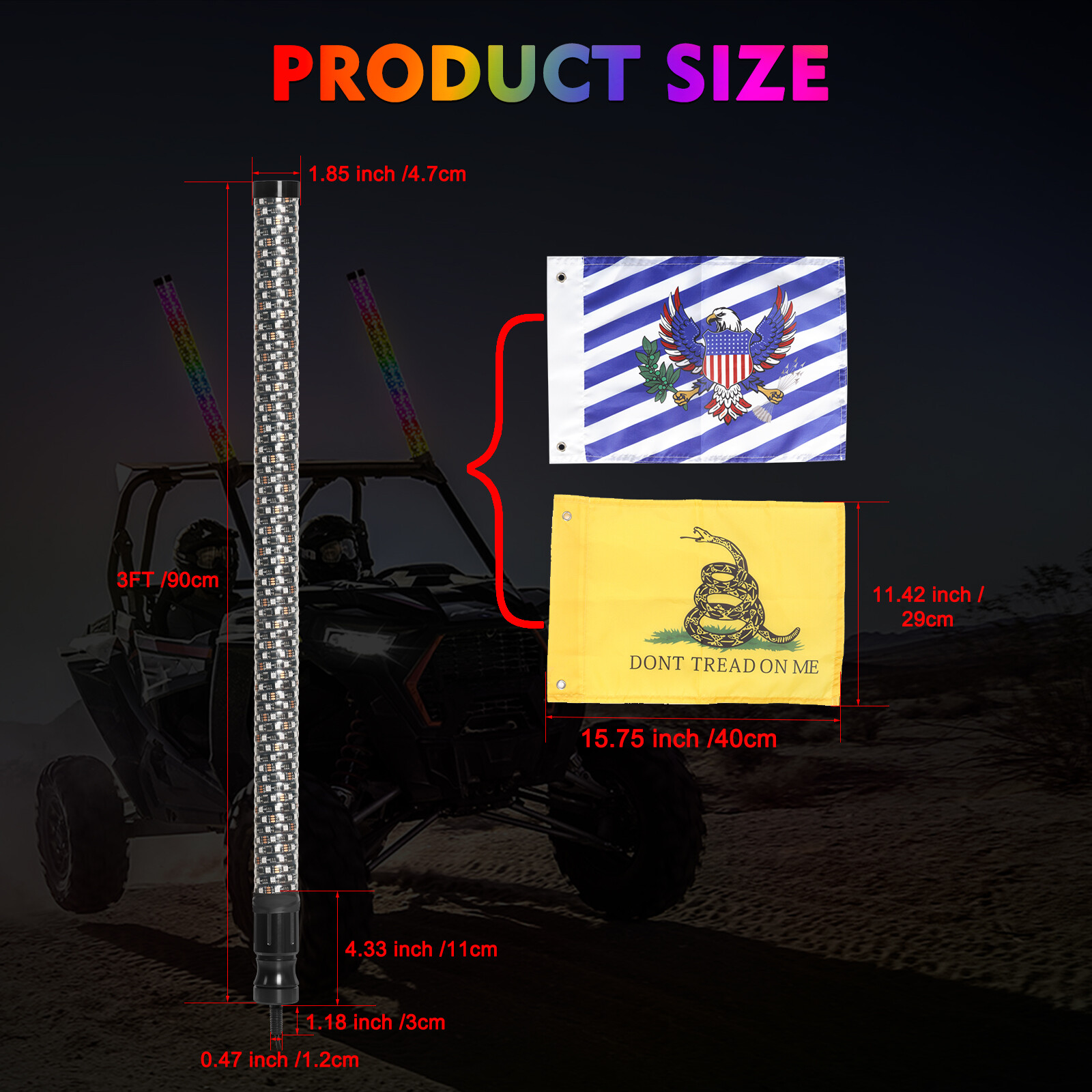 2x 3FT Thick LED Whip Spiral Chasing RGB Fat Whip Lights For Can Am Polaris RZR