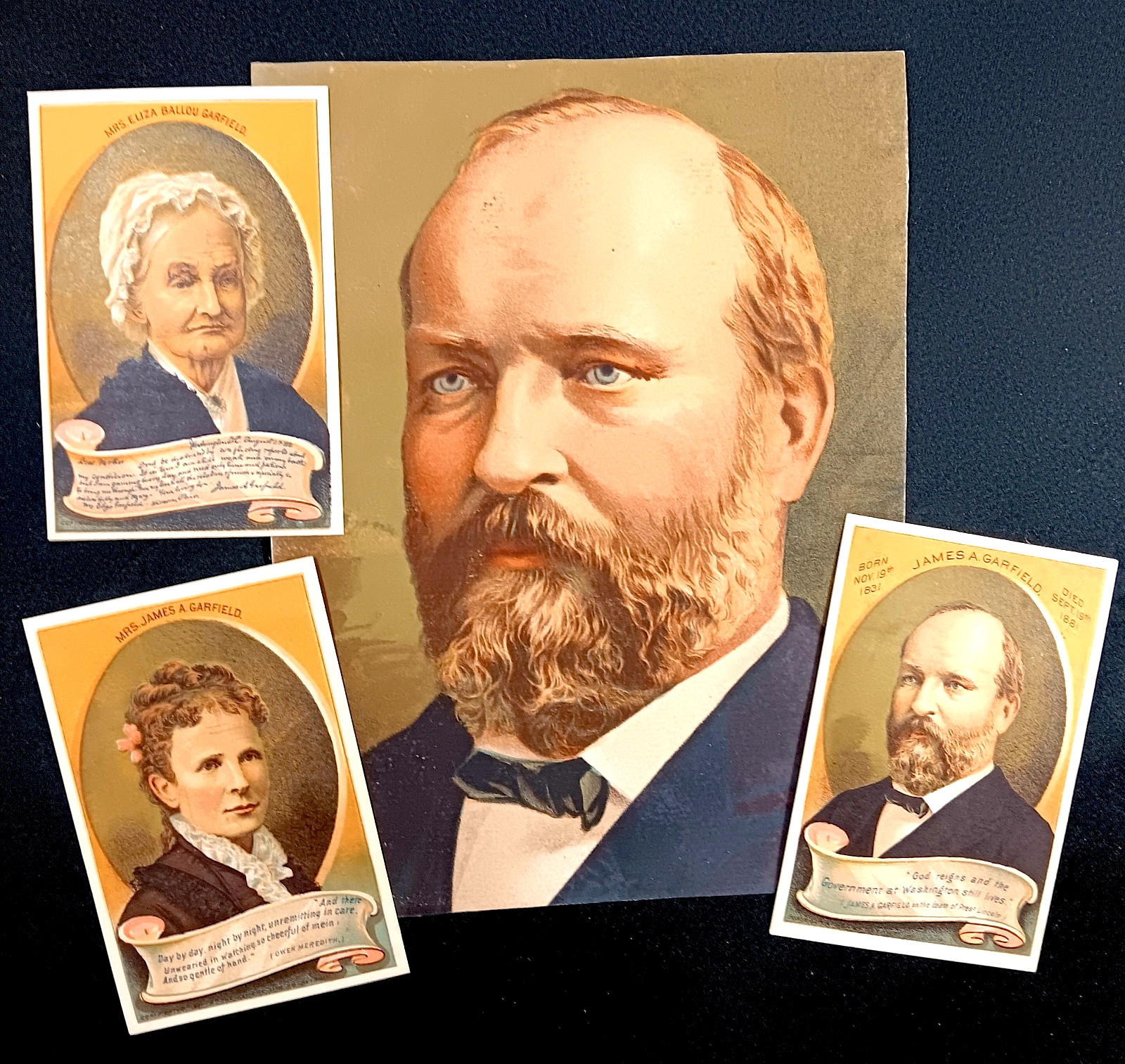 President James A Garfield 1881 RARE set 4x 1881 Widow Death Display Trade Cards