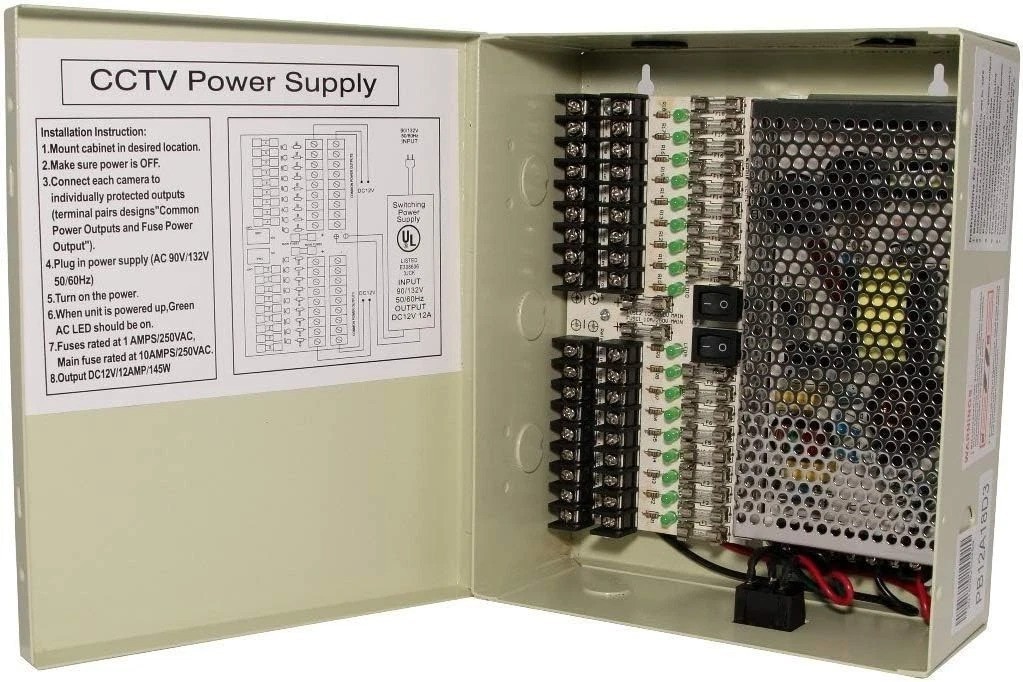 12V 12 Amp Power Supply Box with 18 Outputs for CCTV Security System - Listed
