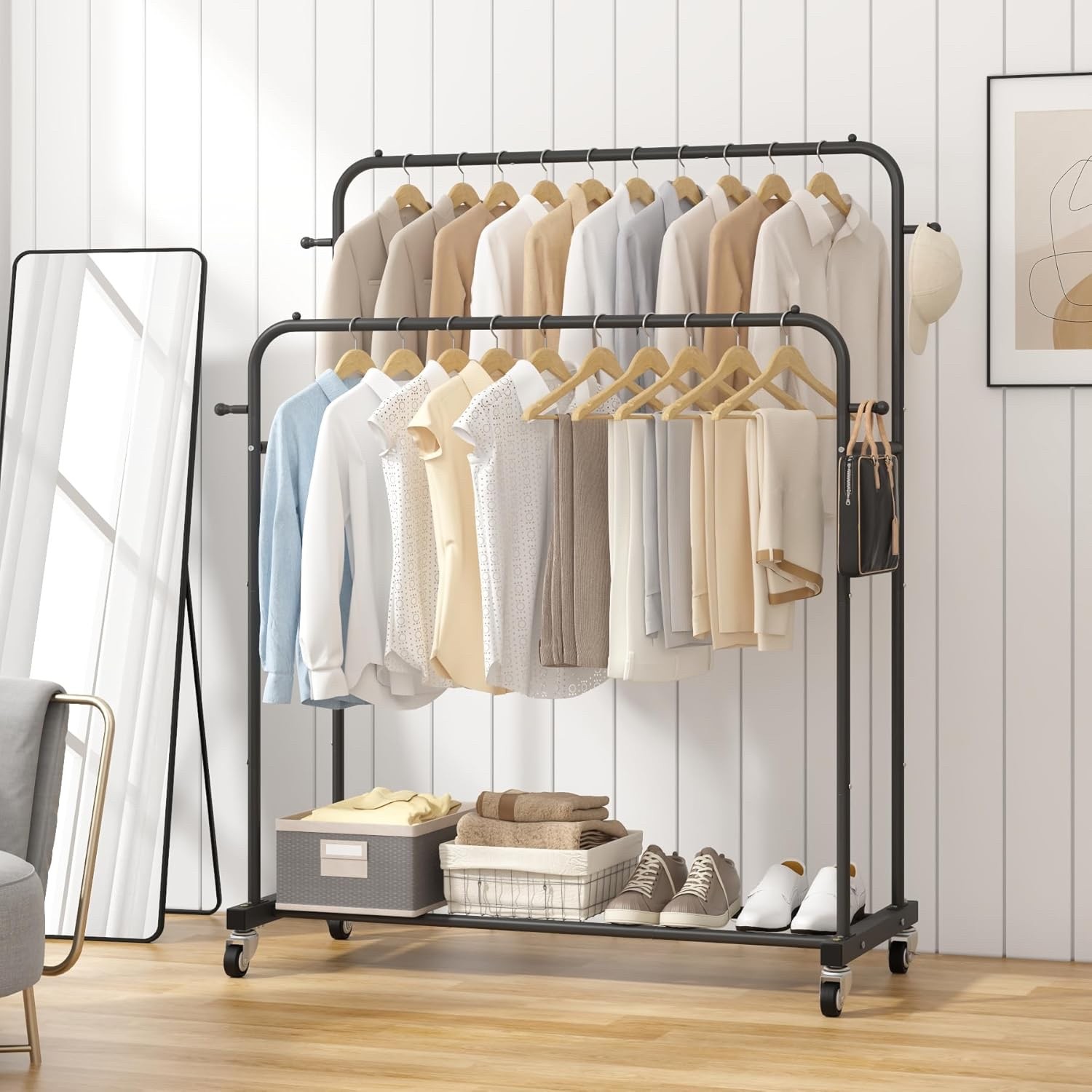 Laiensia Double Rods Garment Rack with Wheels, Clothing Rack for Hanging Clothes