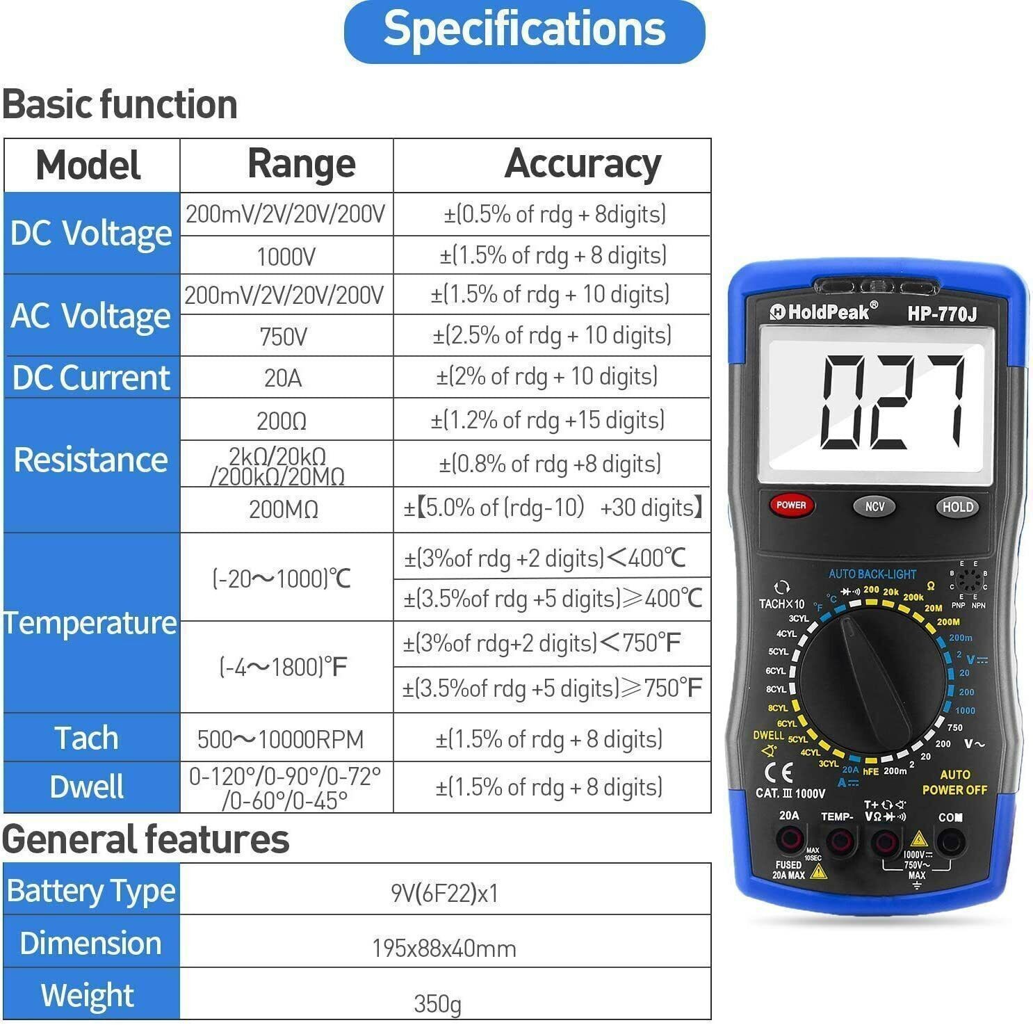 Automotive Multimeter Engine Analyzer Tacho Dwell Meter 50~10000 RPM 4/5/6/8CYL