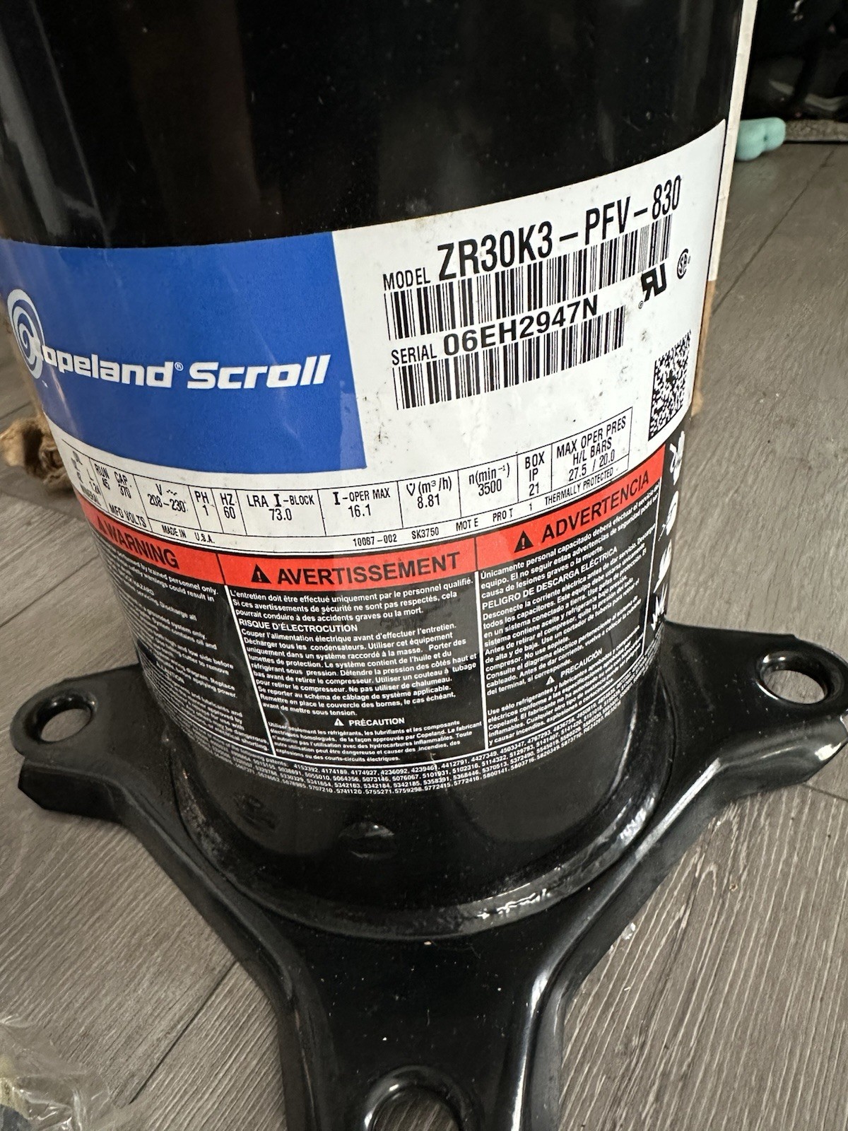 New Copeland Scroll Compressor ZR30K3-PFV-230/1/60 VAC-R-22-AC Heat Pump