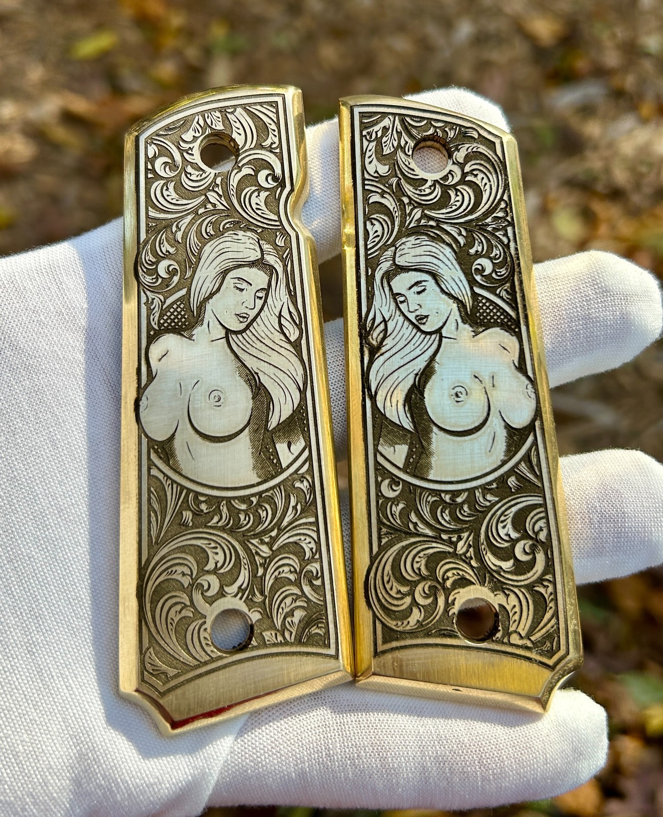 Brass Engraved 1911 Full Size Grips - Pinup Girl Design - Made in USA