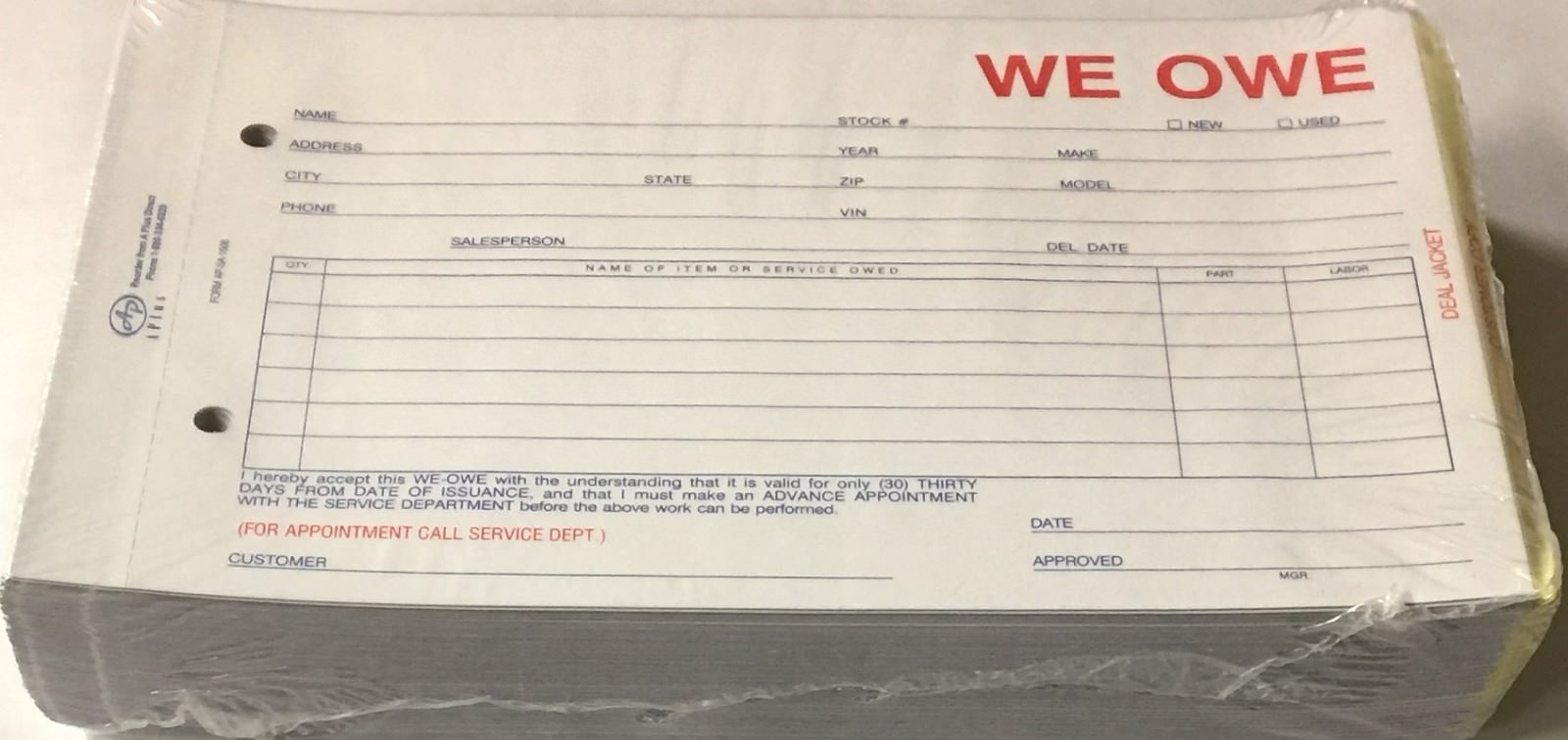 We Owe Forms • Qty 500 • NCR • SA-1506-3 (R76M)