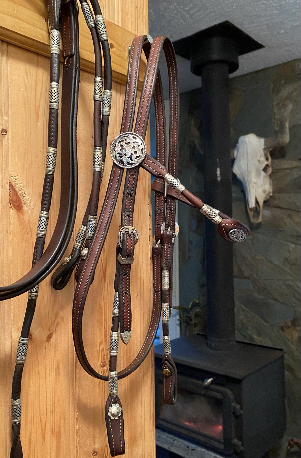 Vntg Poco Western Bridle & Romel Reins Silver Ferrule Fleming Filigree Sterling
