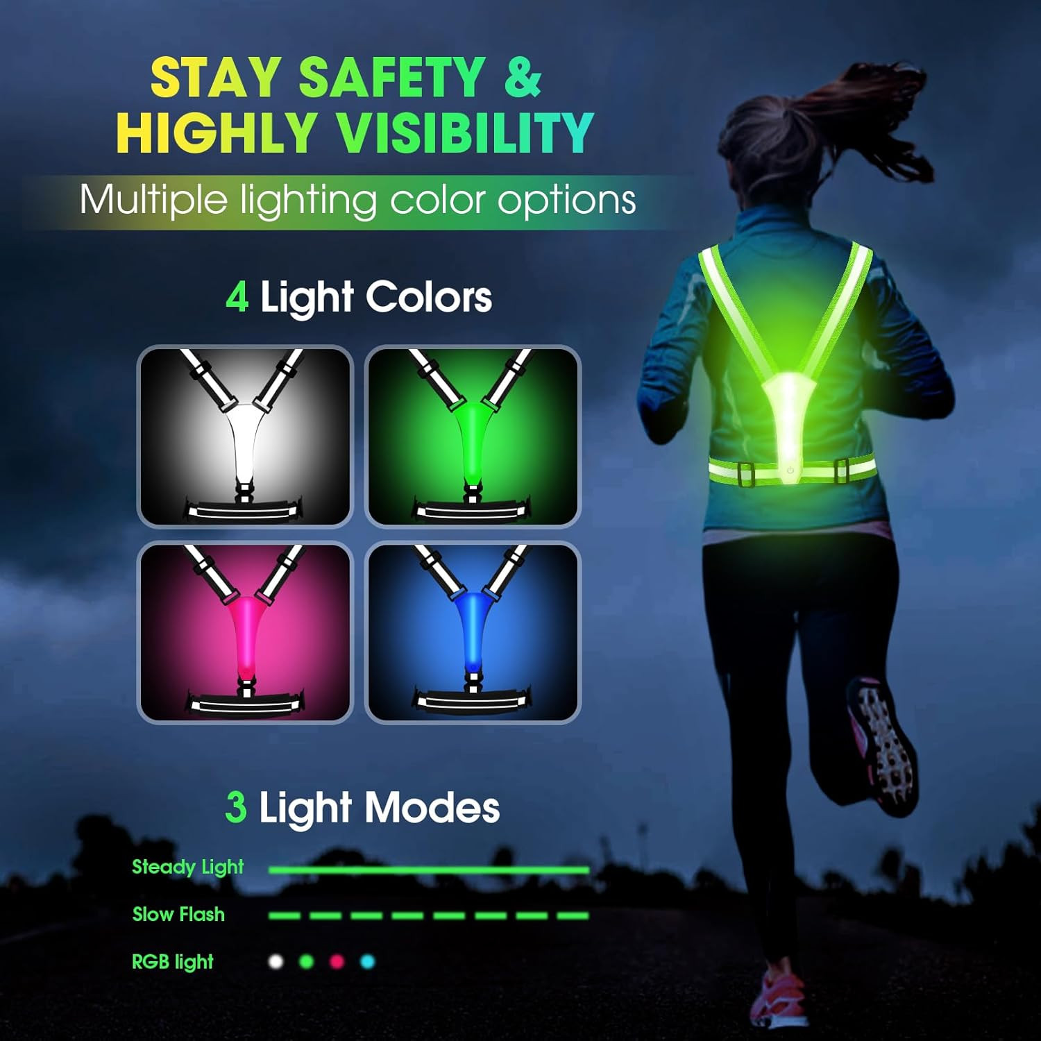 LED Reflective Light up Safety Running Vest for Biking Walking at Night, High V